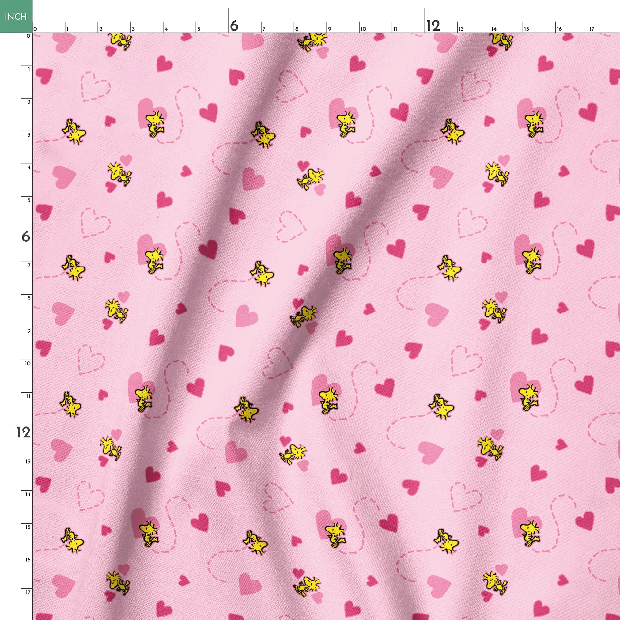 Pink background with hearts and Woodstock pattern, dotted heart outlines and solid pink hearts scattered throughout. springs ruler 18x18
