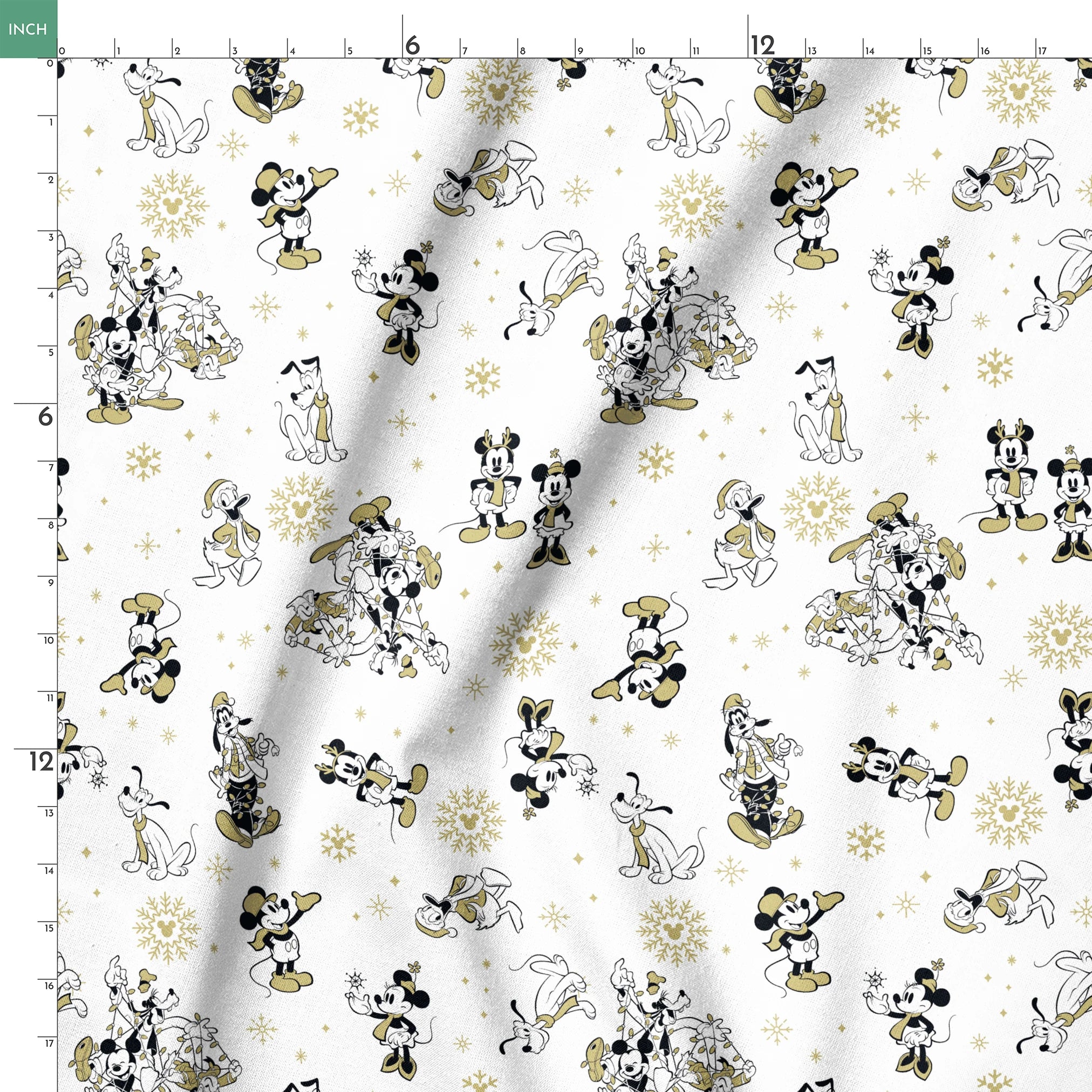 Vintage Disney characters pattern with Mickey, Minnie and Pluto on white background with gold snowflakes springs ruler 18x18