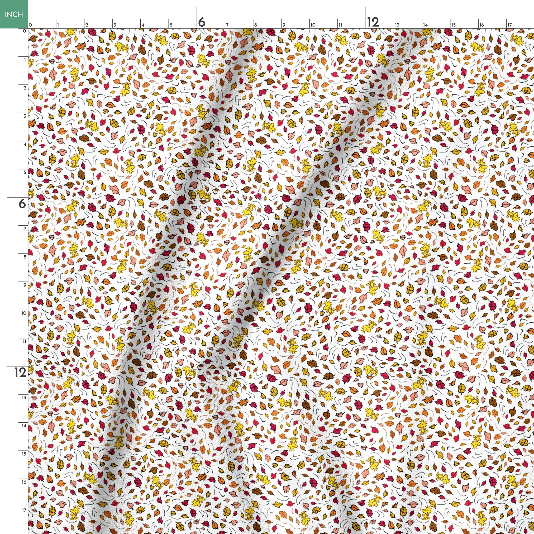 Colorful Peanuts autumn leaves pattern with Woodstock and yellow, red, and brown foliage scattered on white background springs ruler 18x18