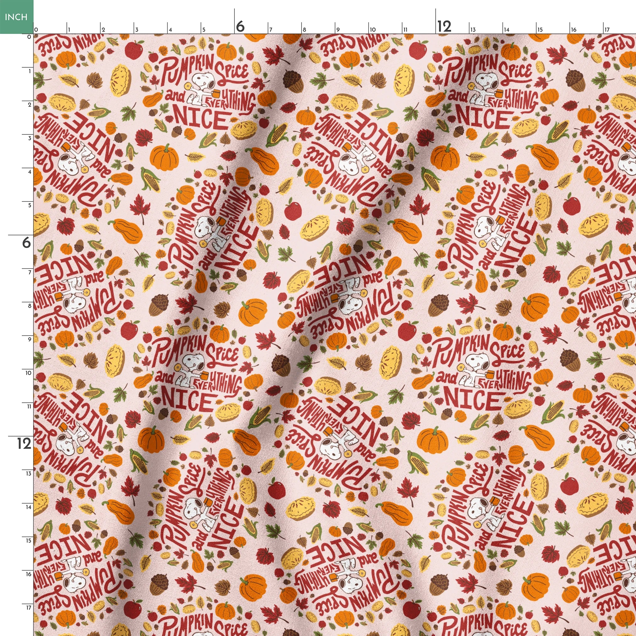 Fall Peanuts pattern with pumpkin spice phrases, autumn leaves, pumpkins, pine cones and Snoopy characters on a beige background springs ruler 18x18