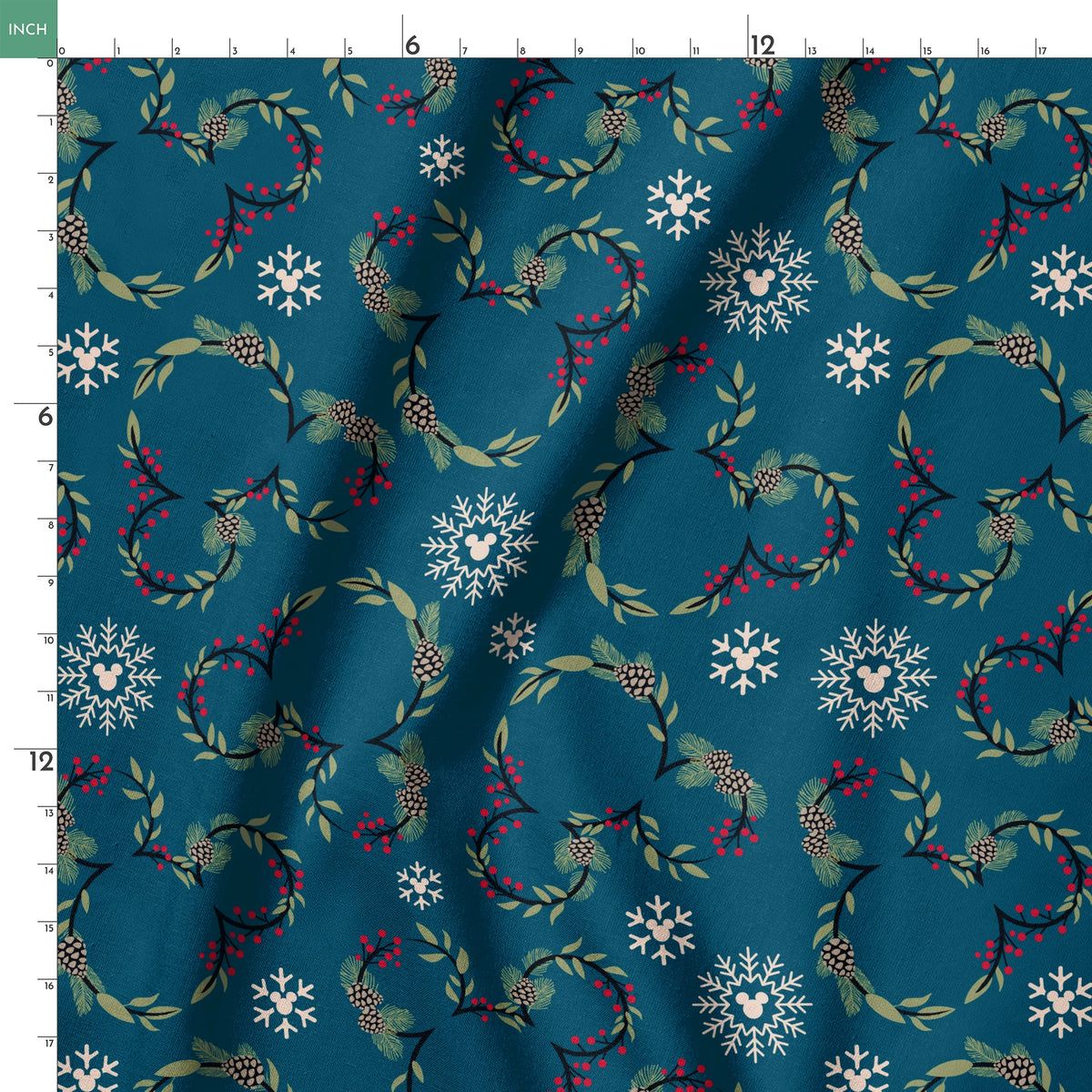 Holiday pattern with circular wreaths, white snowflakes, and botanical elements on teal background springs ruler 18x18