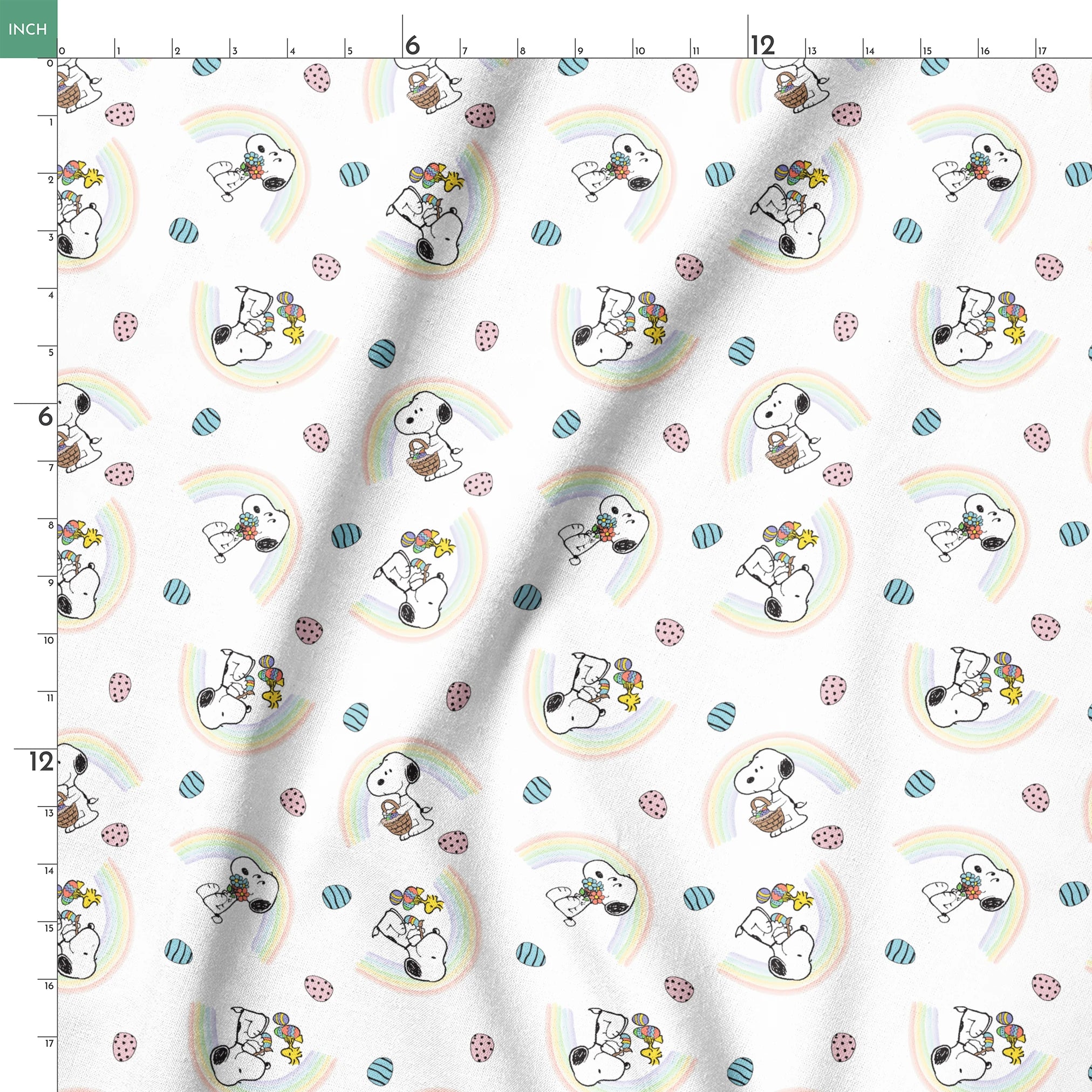 Snoopy pattern with Easter eggs, rainbows, and Woodstock, featuring Snoopy holding flowers and baskets springs ruler 18x18