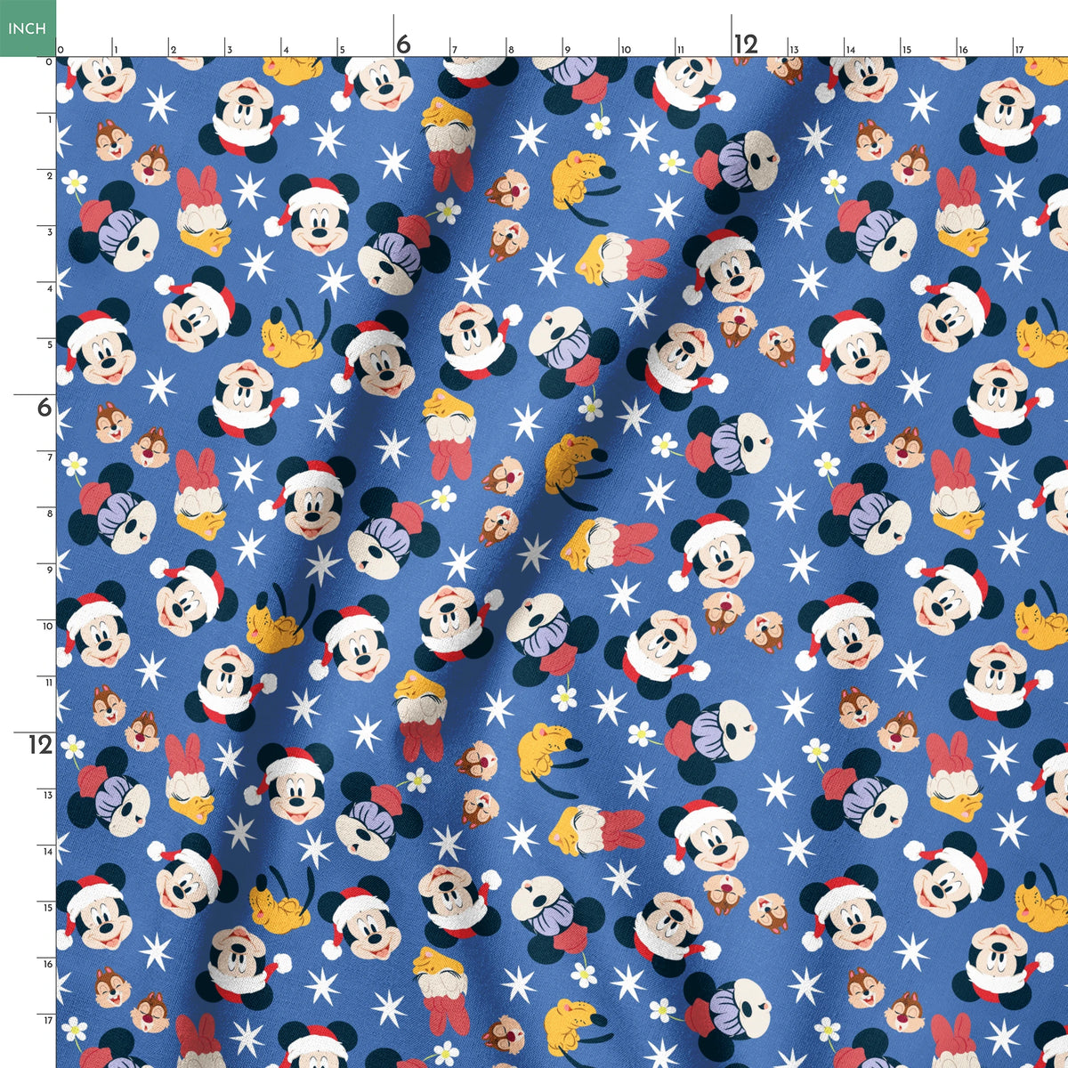 Mickey Mouse Christmas pattern with Santa hats, cupcakes and snowflakes on blue background springs ruler 18x18