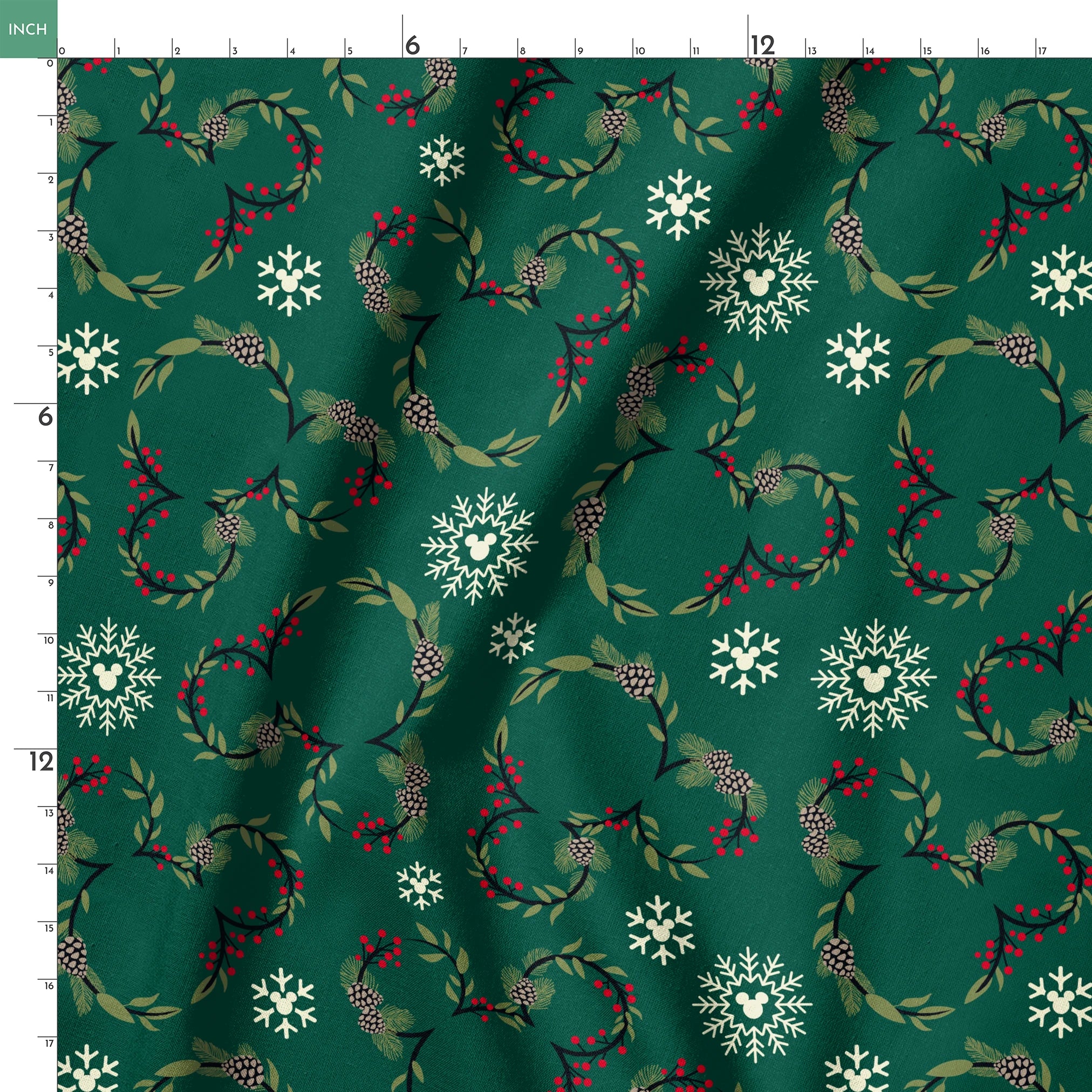 Holiday pattern with green wreaths, pinecones, red berries and white snowflakes on dark green background springs ruler 18x18