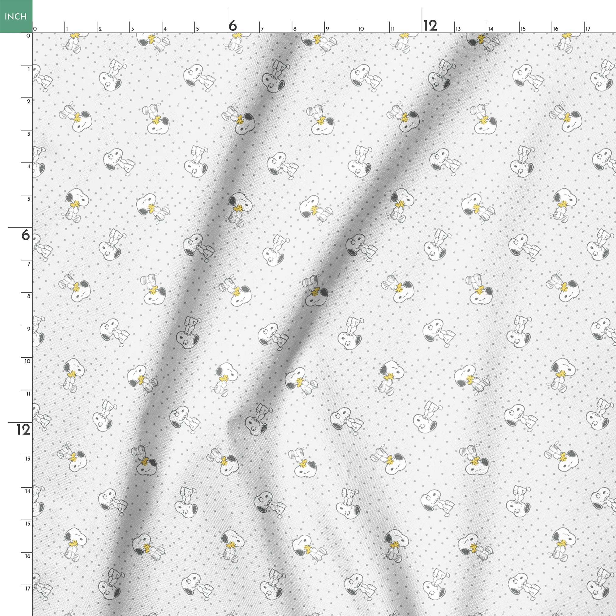 Snoopy and Woodstock on polka dot background in a repeating pattern springs ruler 18x18