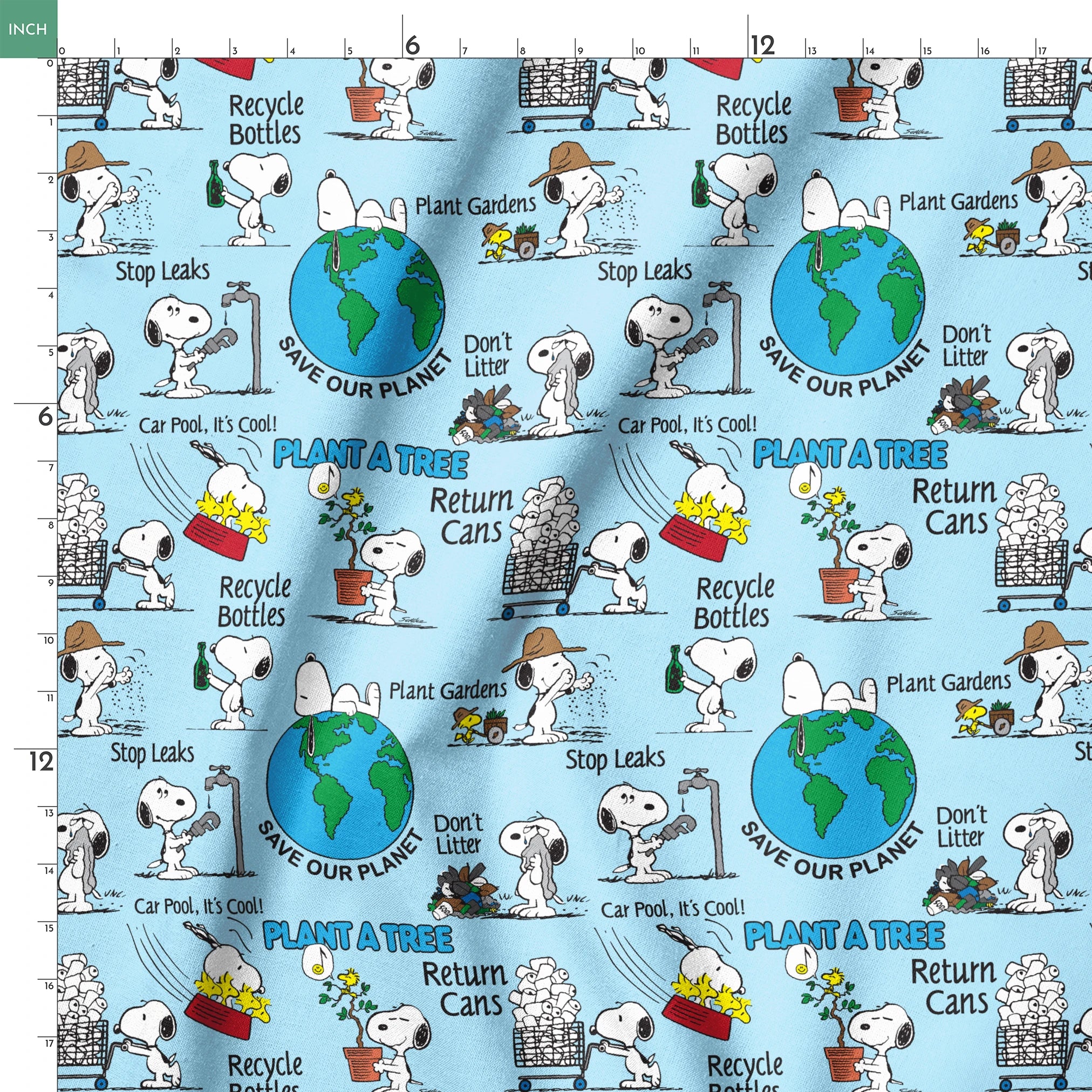 Snoopy cartoon dog in environmental scenes with Earth graphic and eco-friendly messages like "Plant a Tree" and "Recycle springs ruler 18x18