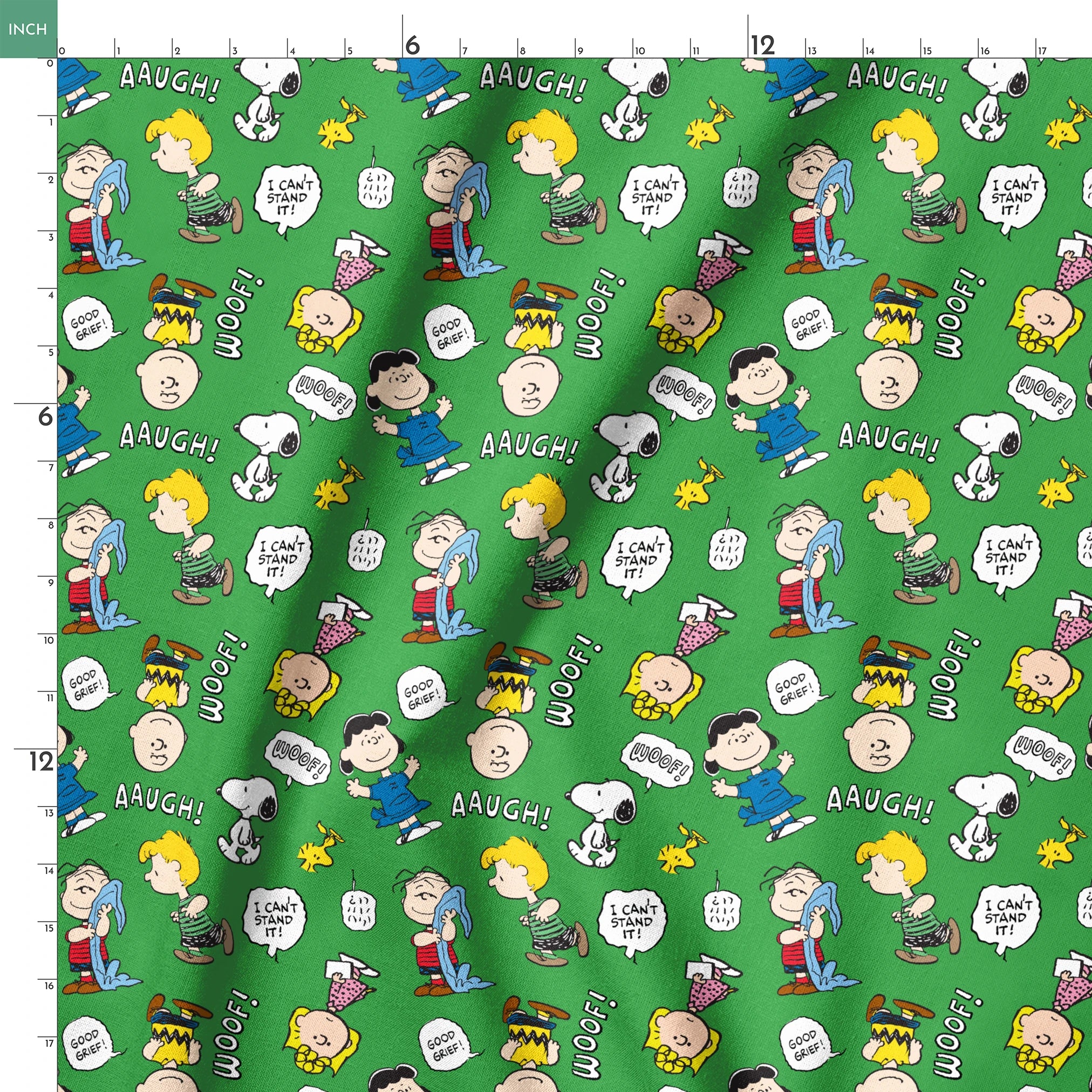 Peanuts comic characters on green background - Snoopy, Woodstock, and gang with speech bubbles like "AAUGH!" and "I CAN'T STAND IT! springs ruler 18x18