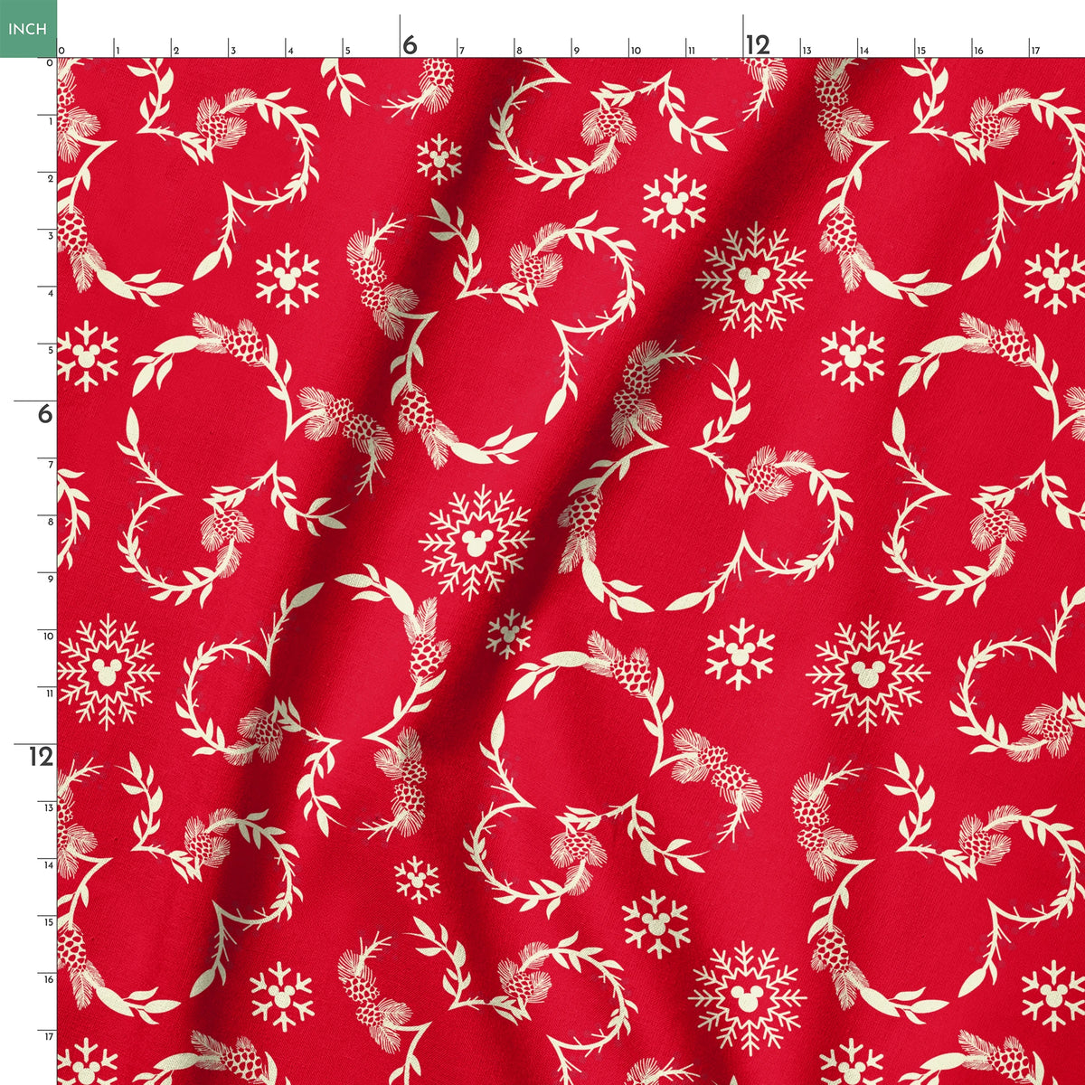 Festive red background with white floral wreaths, pine cones, and snowflake patterns springs ruler 18x18