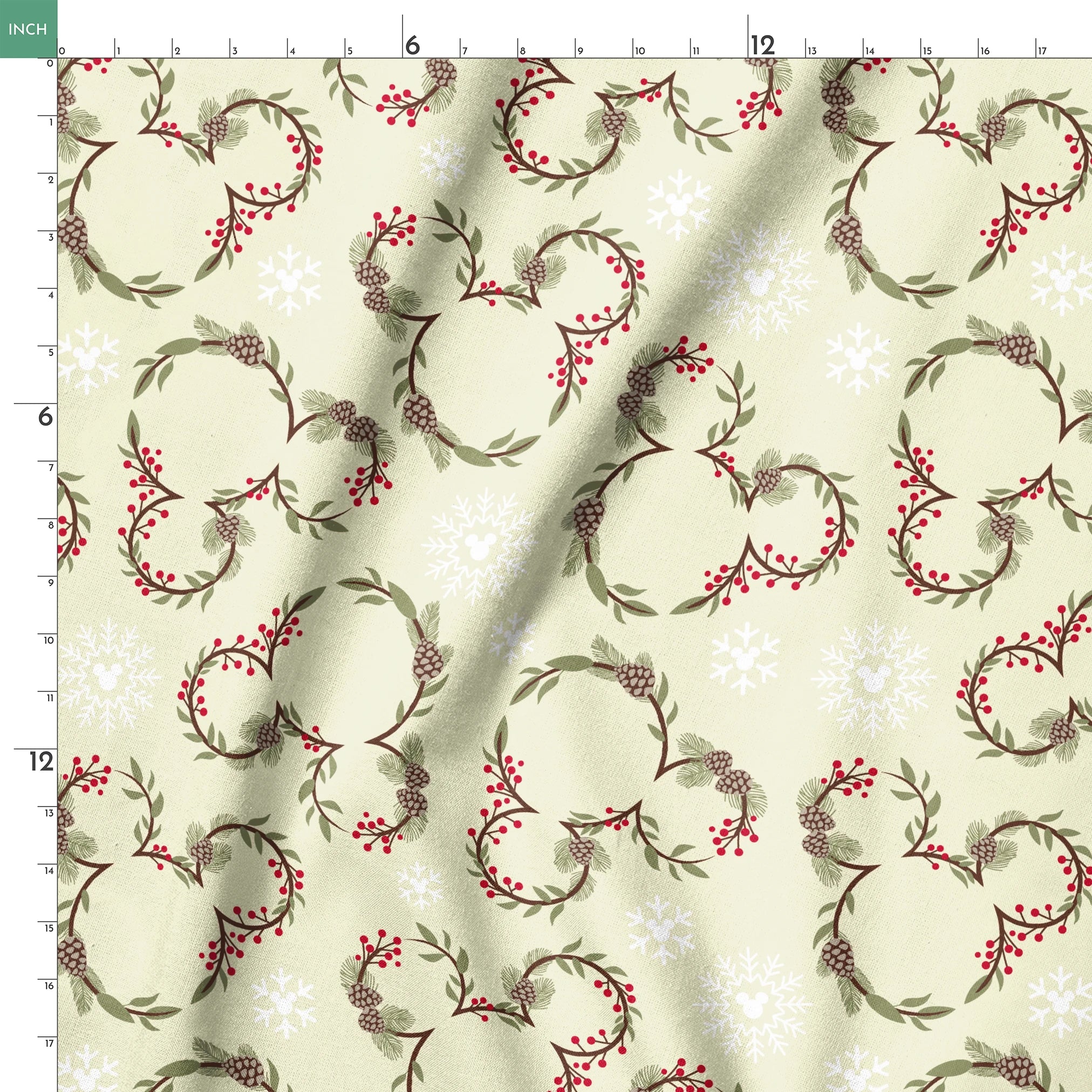 Holiday pattern with pine wreaths, red berries, and white snowflakes on light green background springs ruler 18x18