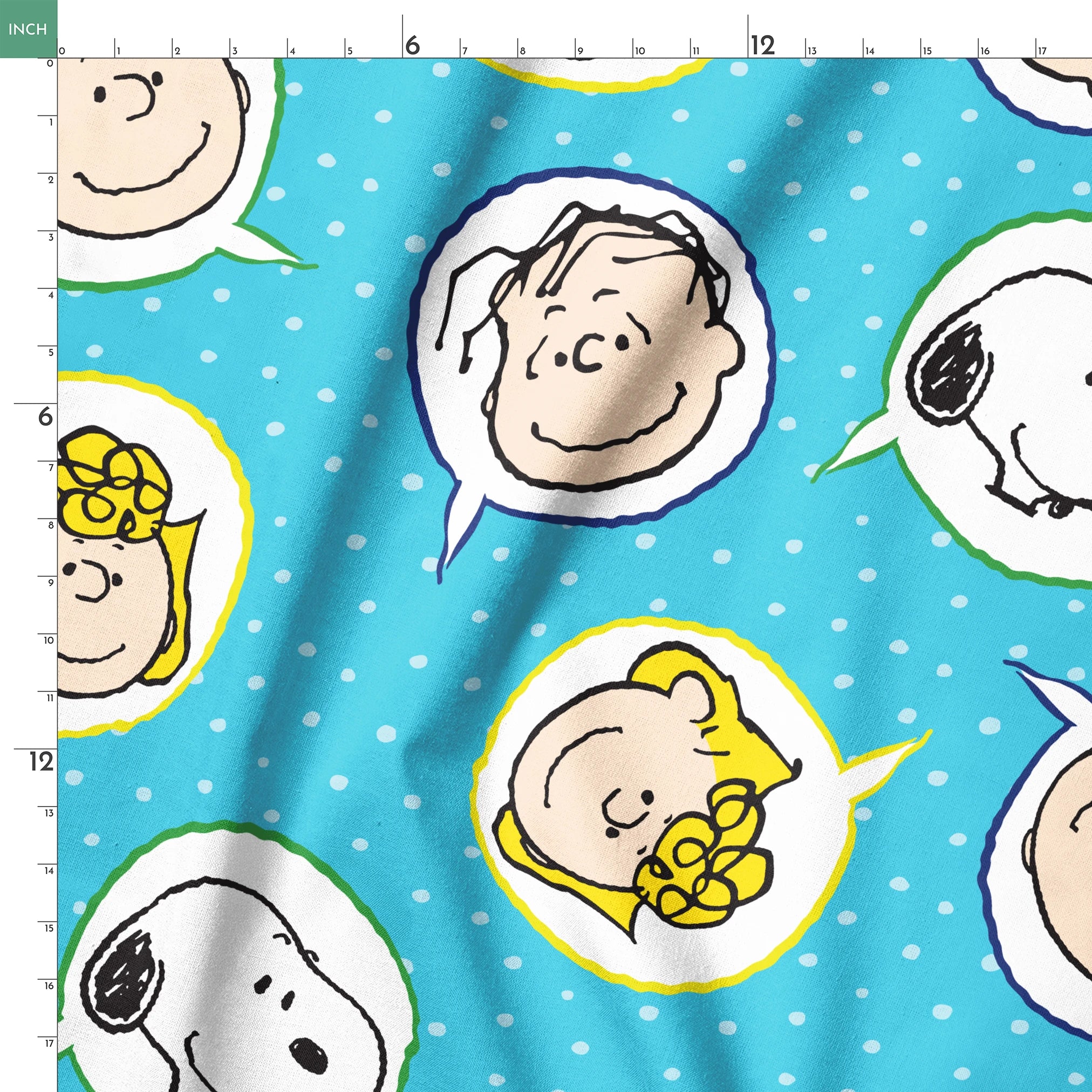 Peanuts characters pattern with Snoopy and other cartoon faces in circles on blue background springs ruler 18x18