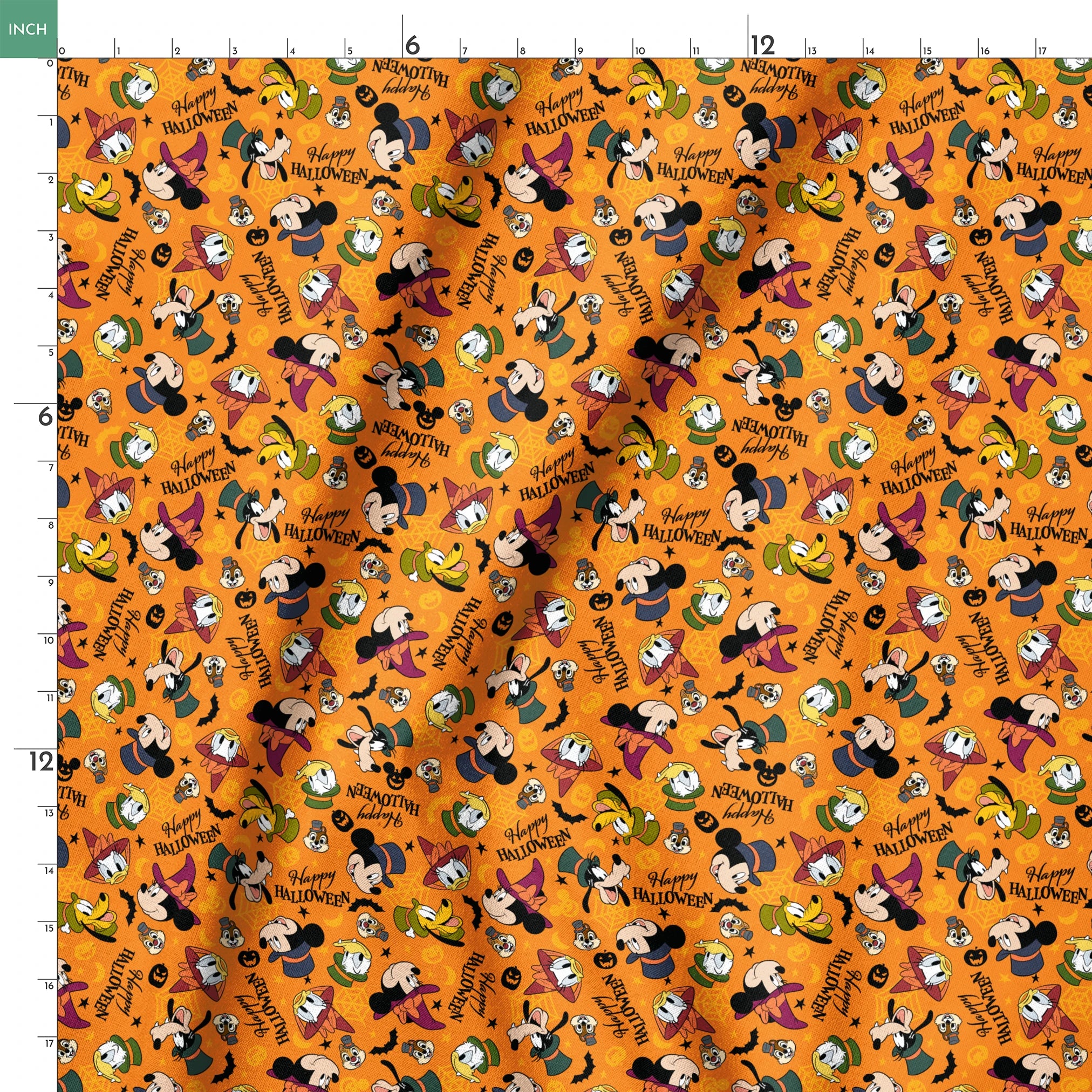 Disney characters in Halloween costumes on orange background with pumpkins and "Happy Halloween" text springs ruler 18x18