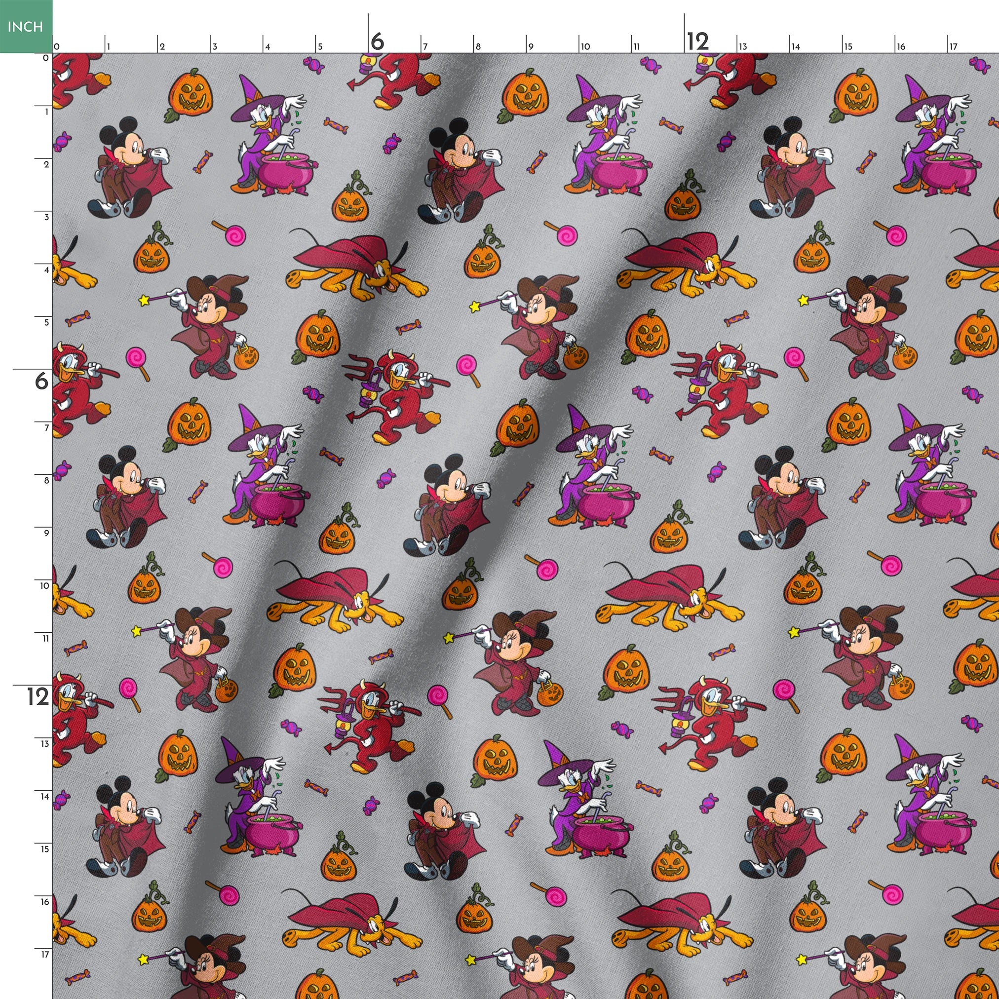 Halloween-themed cartoon pattern with Mickey Mouse characters in costumes, pumpkins, candy, and cauldrons on gray background springs ruler 18x18