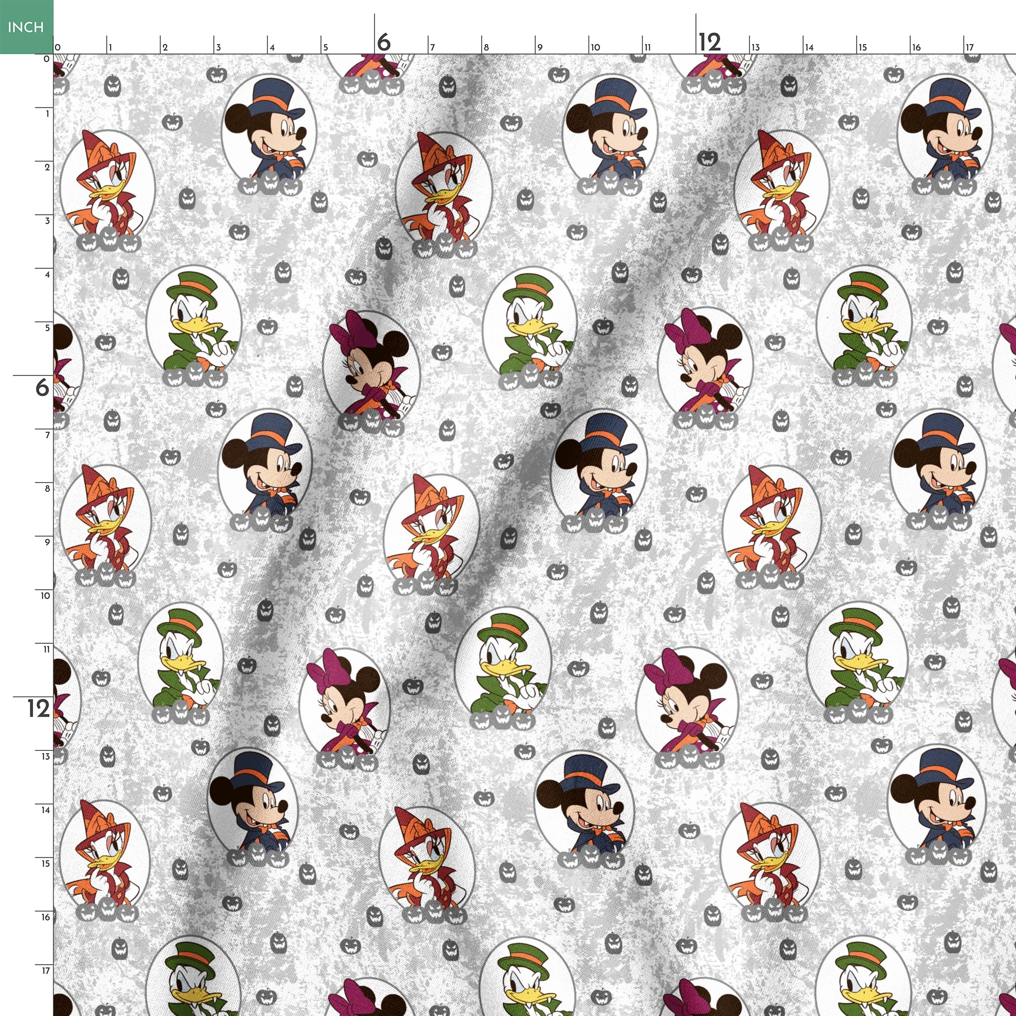 Disney Halloween pattern with Mickey in top hat, Donald in green hat, and Daisy in witch hat on gray background with pumpkins. springs ruler 18x18