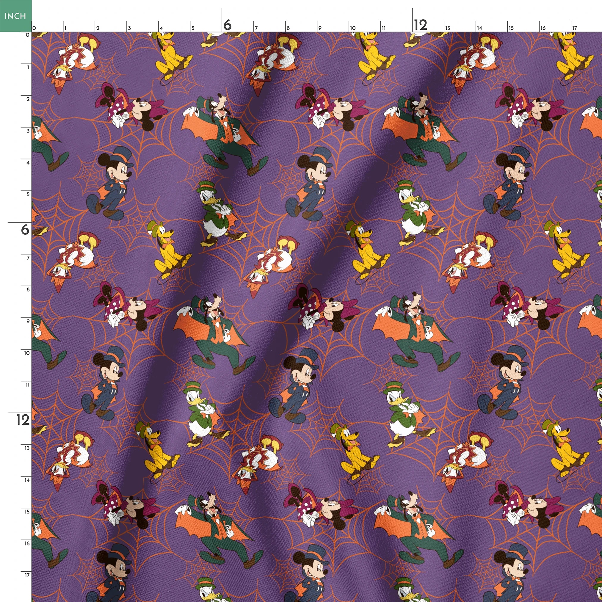 Disney cartoon characters in Halloween costumes on purple background with orange spider webs springs ruler 18x18