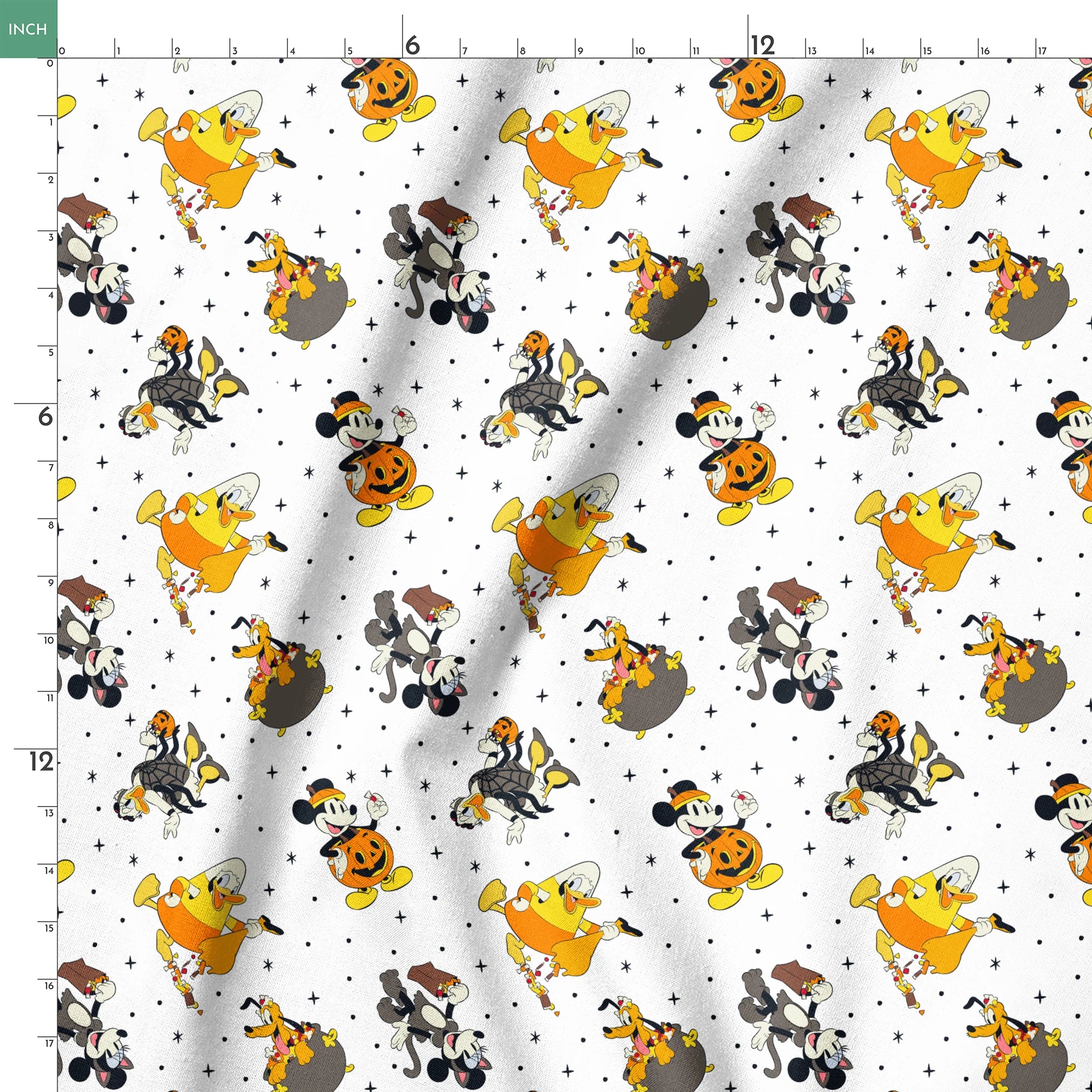 Disney characters in Halloween costumes on white background with stars - Mickey, Pluto, and friends in festive attire springs ruler 18x18