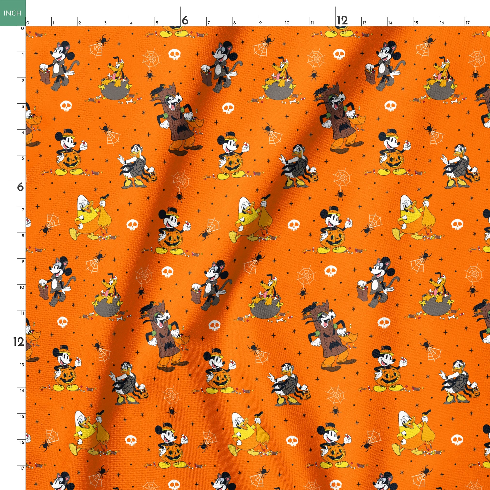 Halloween-themed orange pattern with Disney characters in costumes, spiderwebs, and skulls springs ruler 18x18