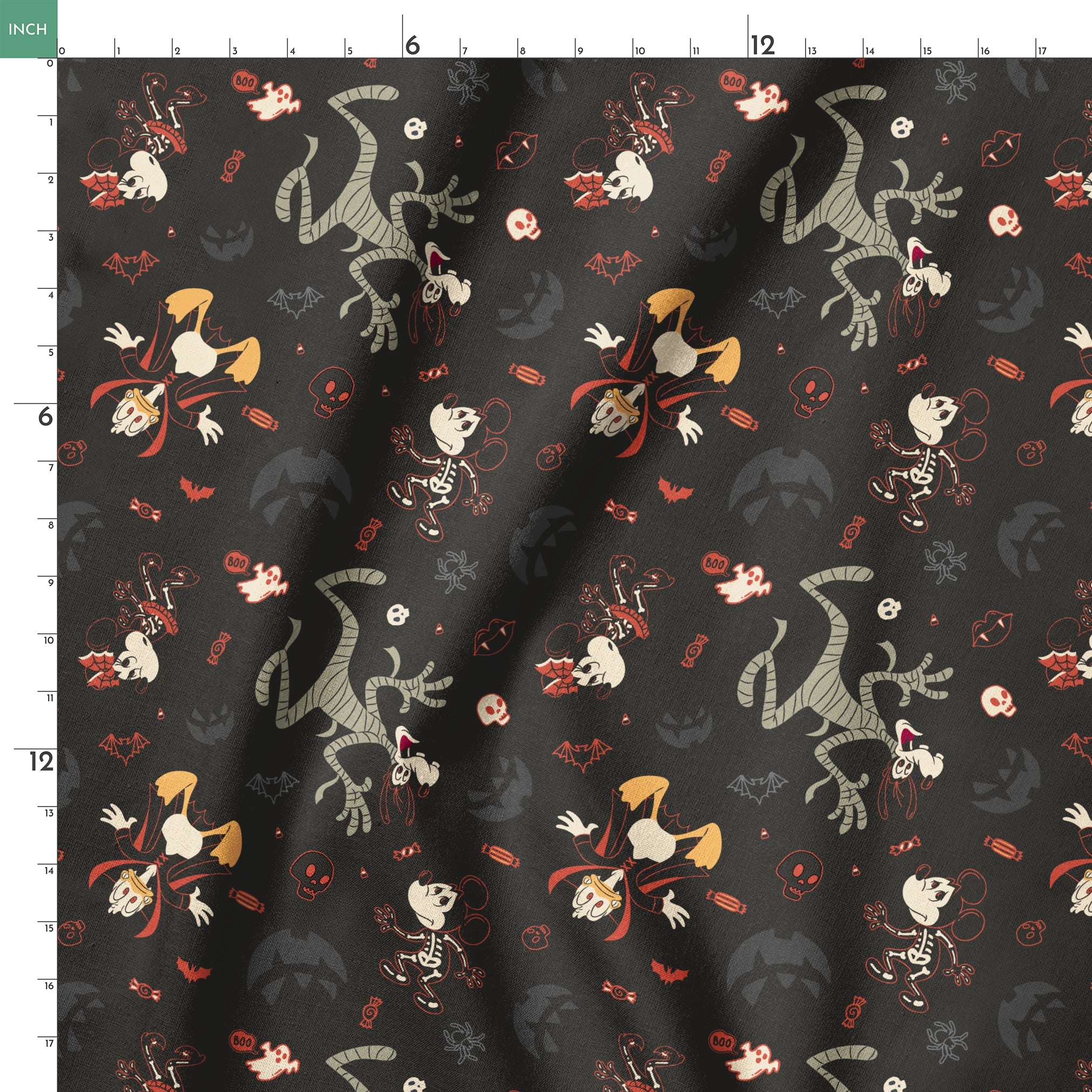 Disney Halloween pattern with Mickey & friends and candy on dark background springs ruler 18x18