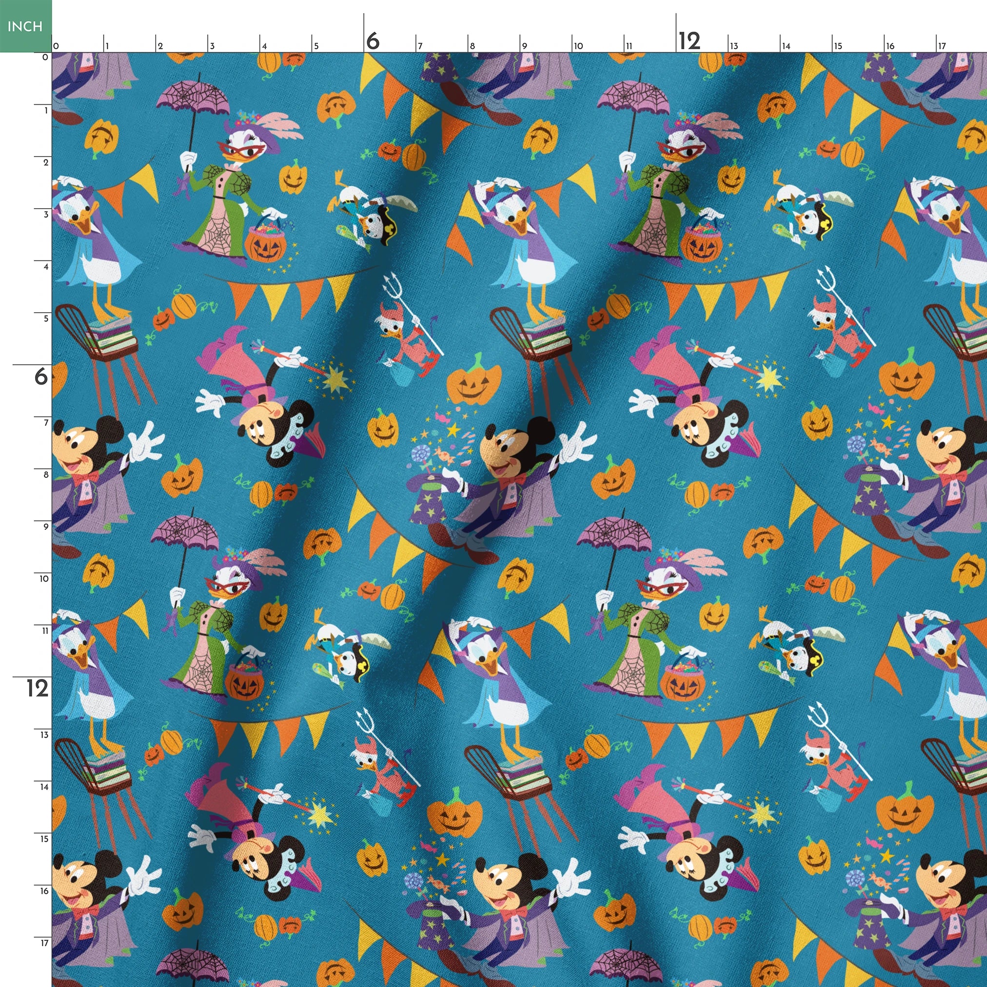 Whimsical Halloween pattern with Disney characters in costumes, pumpkins, and orange bunting on teal background. springs ruler 18x18