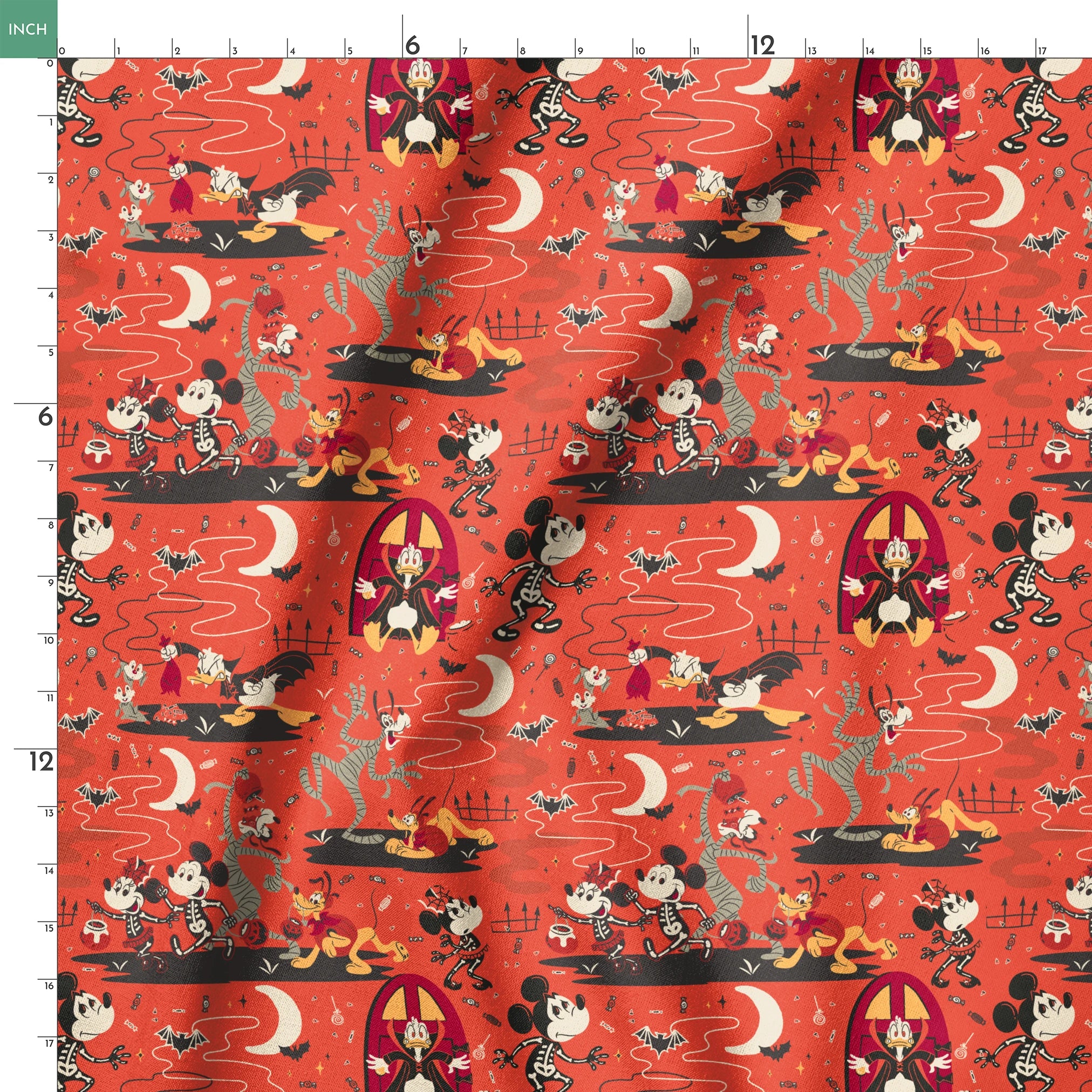Halloween-themed Disney pattern with Mickey, Minnie, Donald in skeleton costumes on orange background with bats and moons springs ruler 18x18