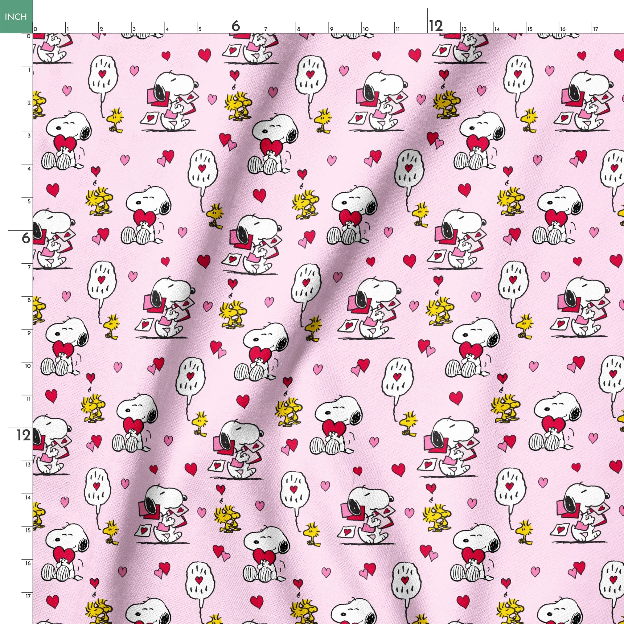 Valentine's pattern with Snoopy, Woodstock, and hearts on pink background, featuring love letters and speech bubbles. springs ruler 18x18