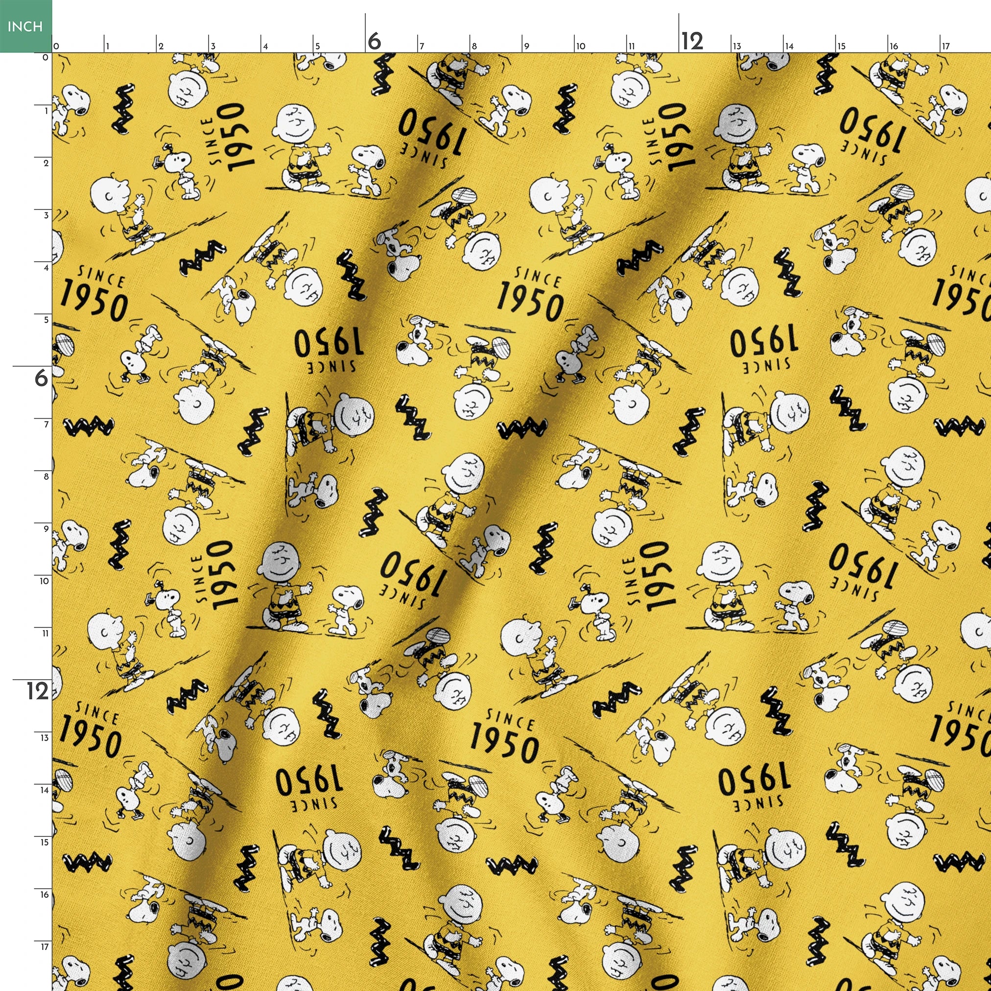 Peanuts cartoon pattern on yellow background with Snoopy and Charlie Brown, "Since 1950" text springs ruler 18x18