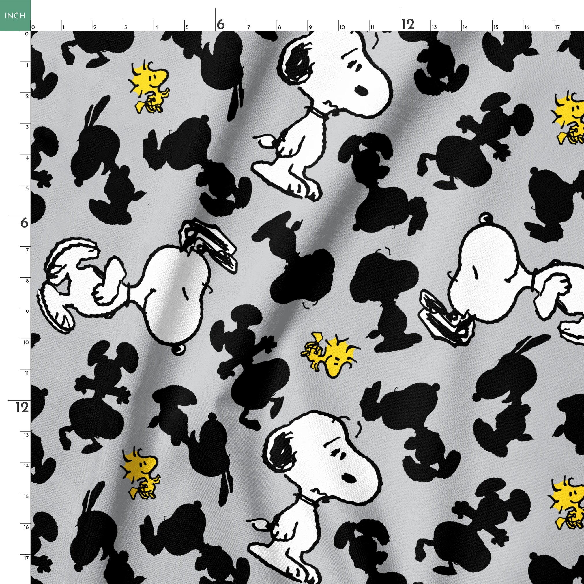 Pattern of Snoopy and Woodstock on gray background with black silhouettes springs ruler 18x18
