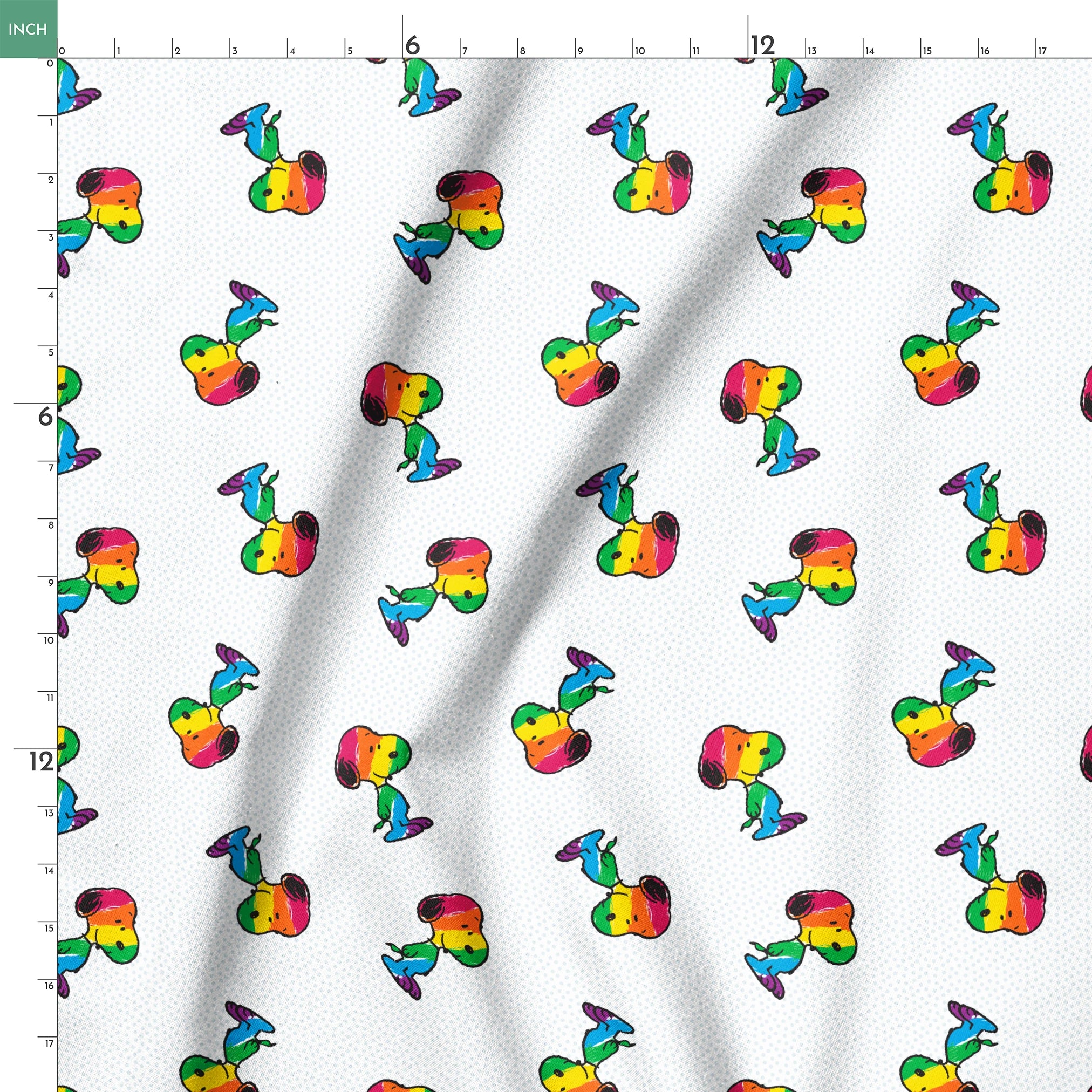 Colorful rainbow Snoopy in various poses on a dotted white background springs ruler 18x18