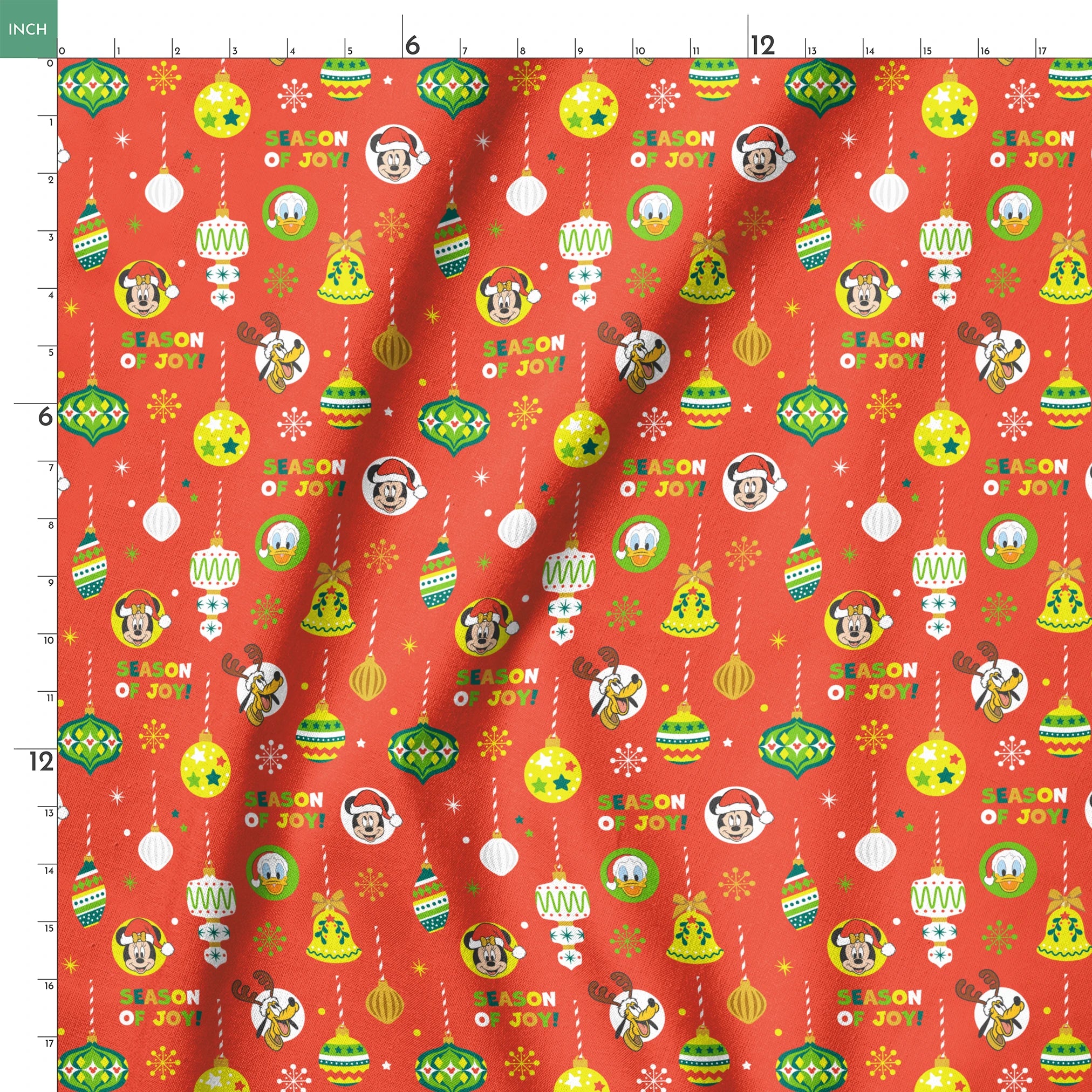 Christmas ornament pattern with colorful baubles, bells, snowflakes and Mickey Mouse characters on bright red background springs ruler 18x18