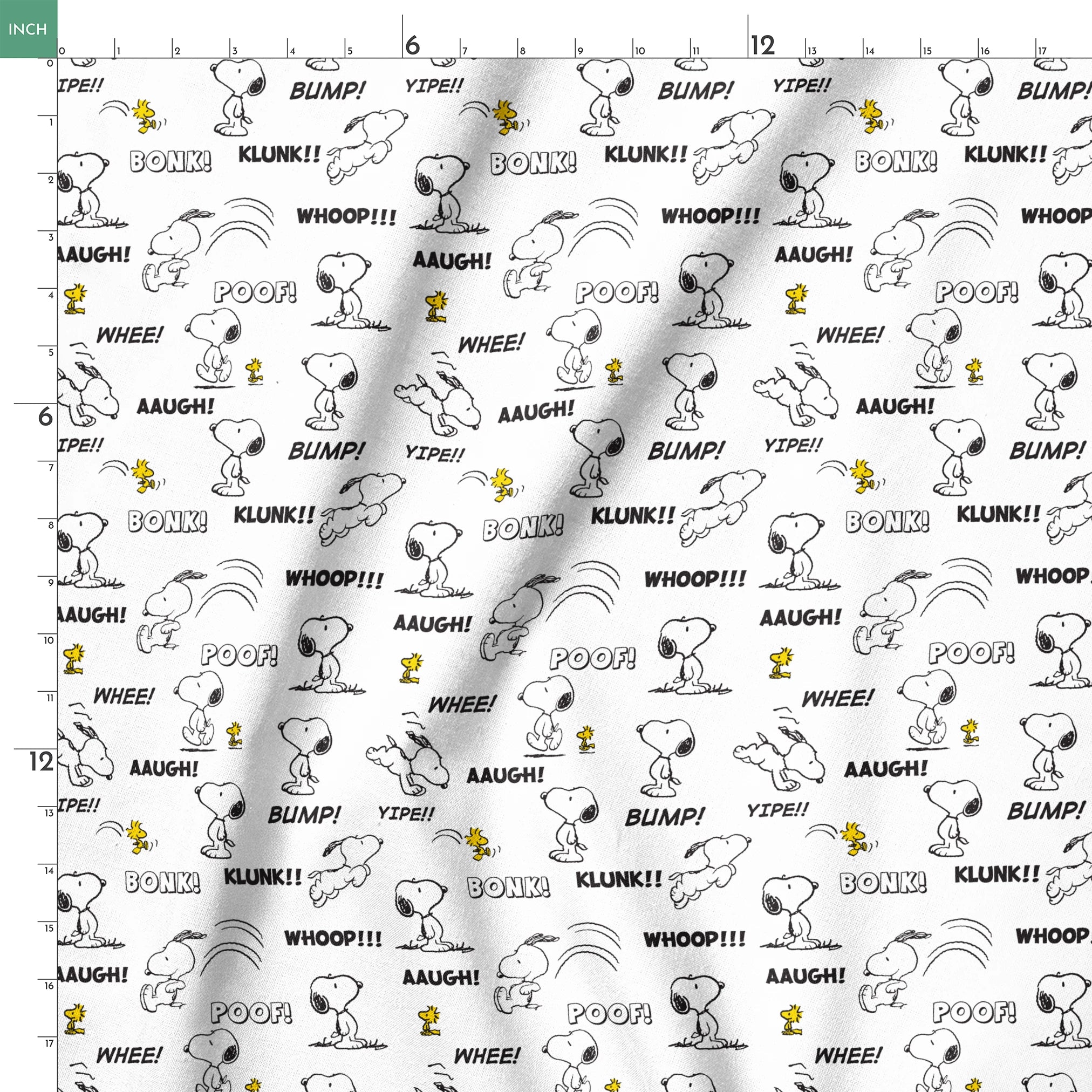 Comic-style pattern of Snoopy and Woodstock with sound effect words like "BONK!", "KLUNK!" and "BUMP!" in black and white. springs ruler 18x18