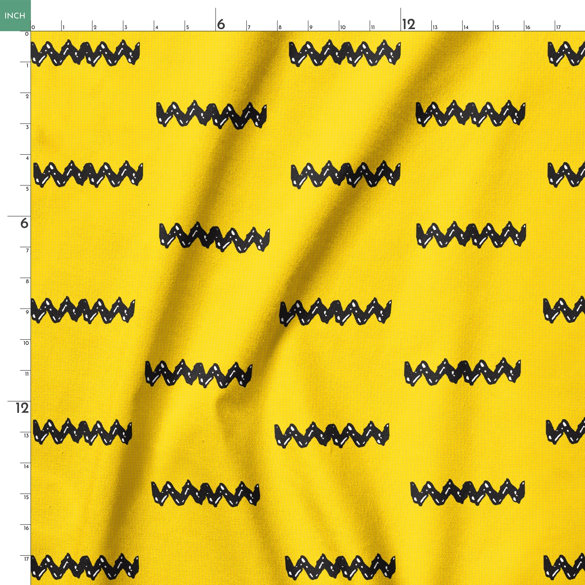 Black Charlie Brown zigzag patterns arranged in four rows against a bright yellow textured background springs ruler 18x18