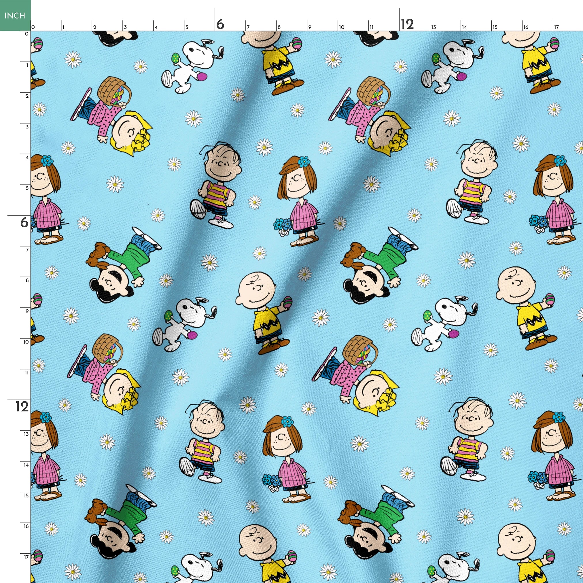 Peanuts cartoon characters scattered on light blue background with white daisies pattern springs ruler 18x18