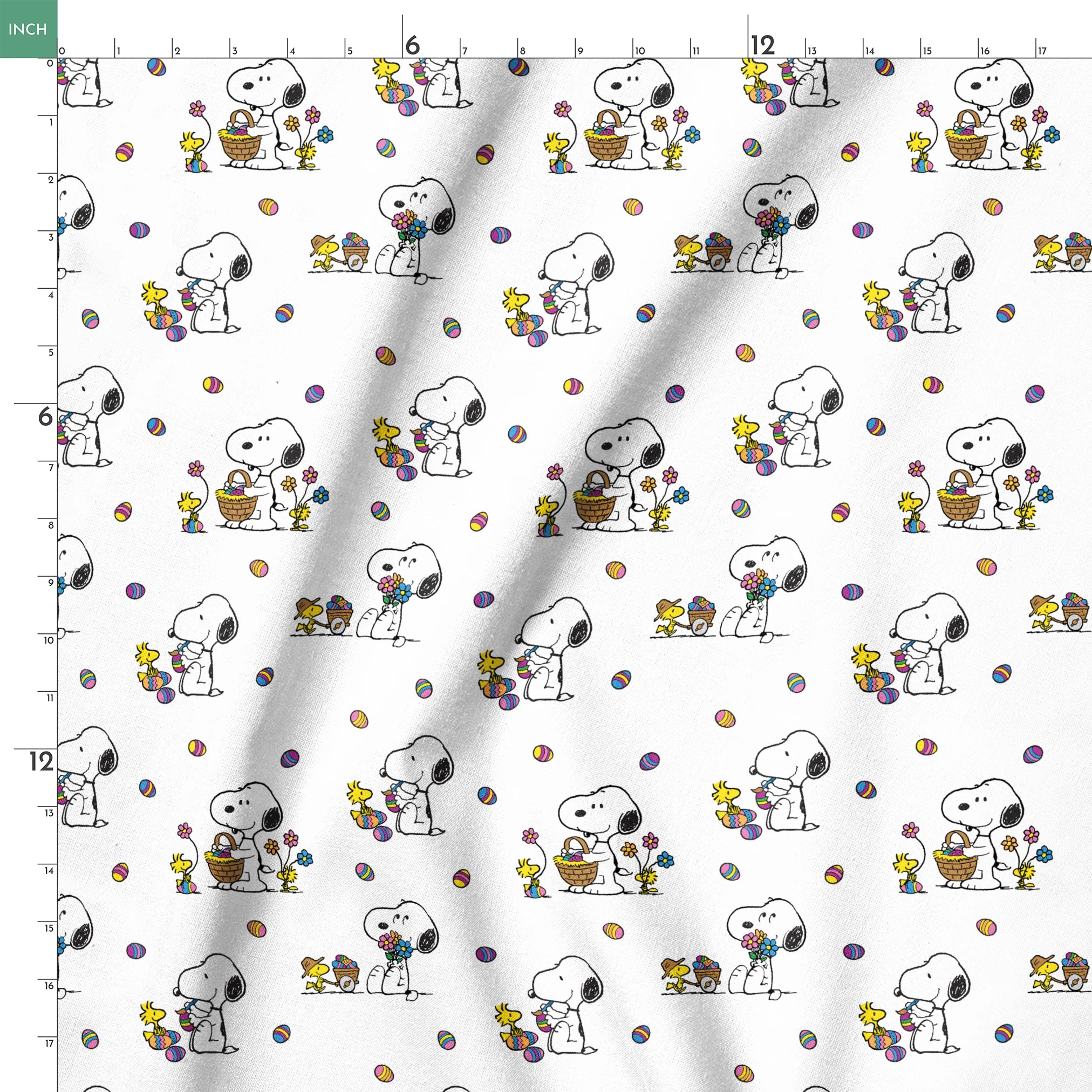 Cartoon pattern with Snoopy and Woodstock celebrating Easter with colorful eggs and baskets on white background springs ruler 18x18