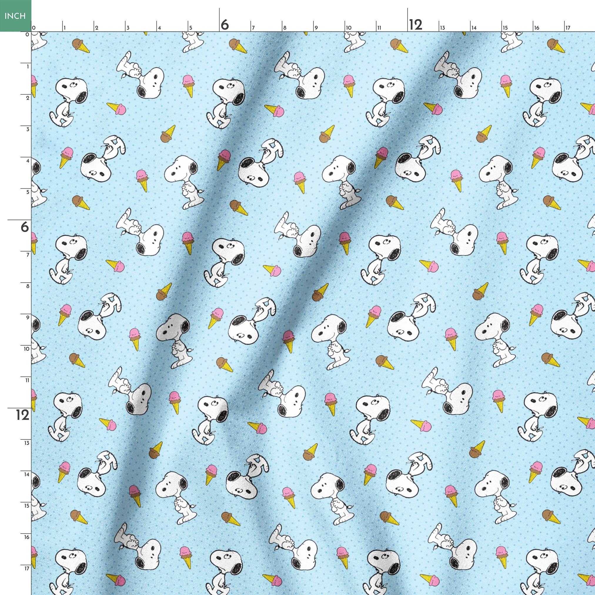 Snoopy pattern on light blue background with ice cream cones and small white dots springs ruler 18x18