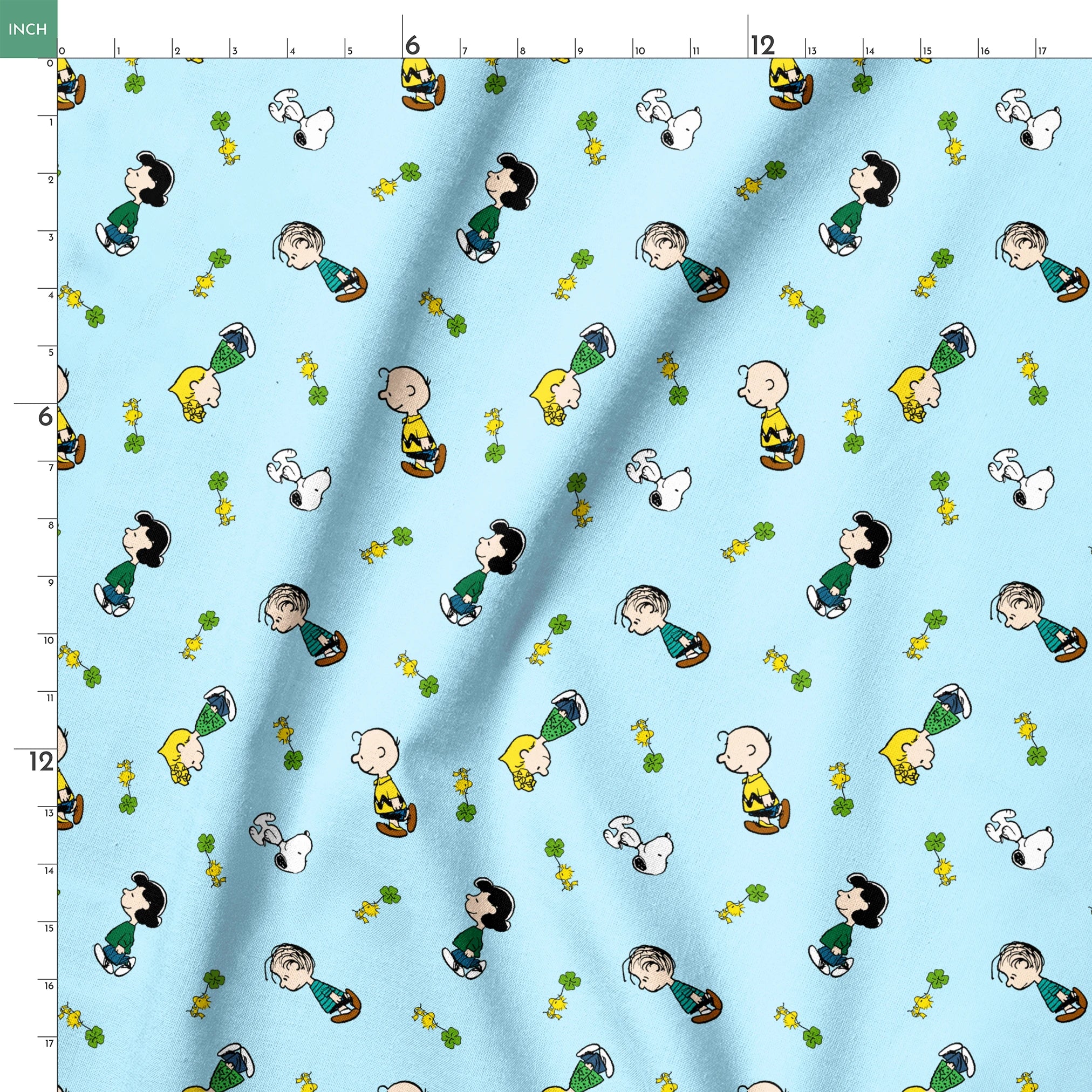 Peanuts cartoon characters on light blue background with clovers springs ruler 18x18