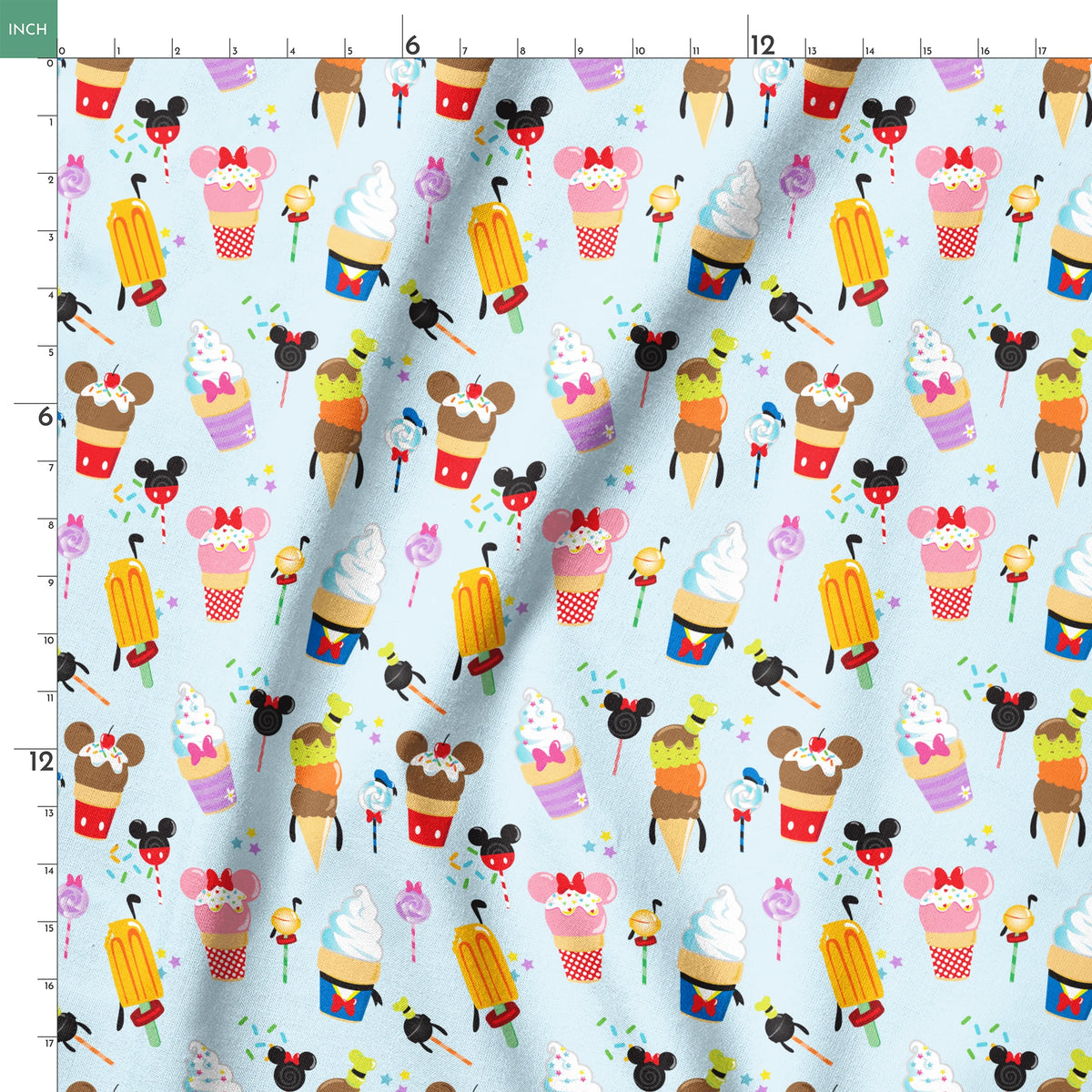 Disney-themed ice cream and sweet treats pattern with Mickey and Minnie icons on light blue background springs ruler 18x18