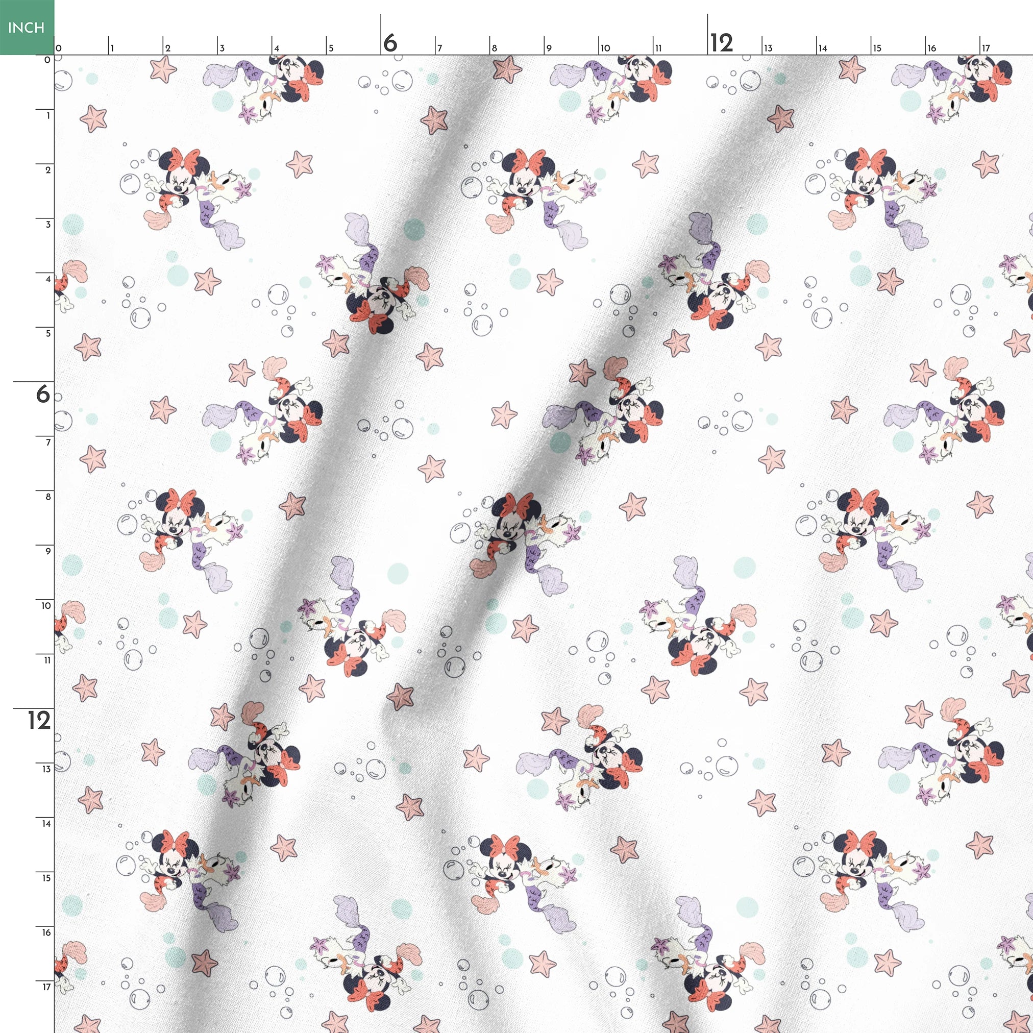 Minnie Mouse pattern with pastel stars and bubbles on white background, playful cartoon style springs ruler 18x18