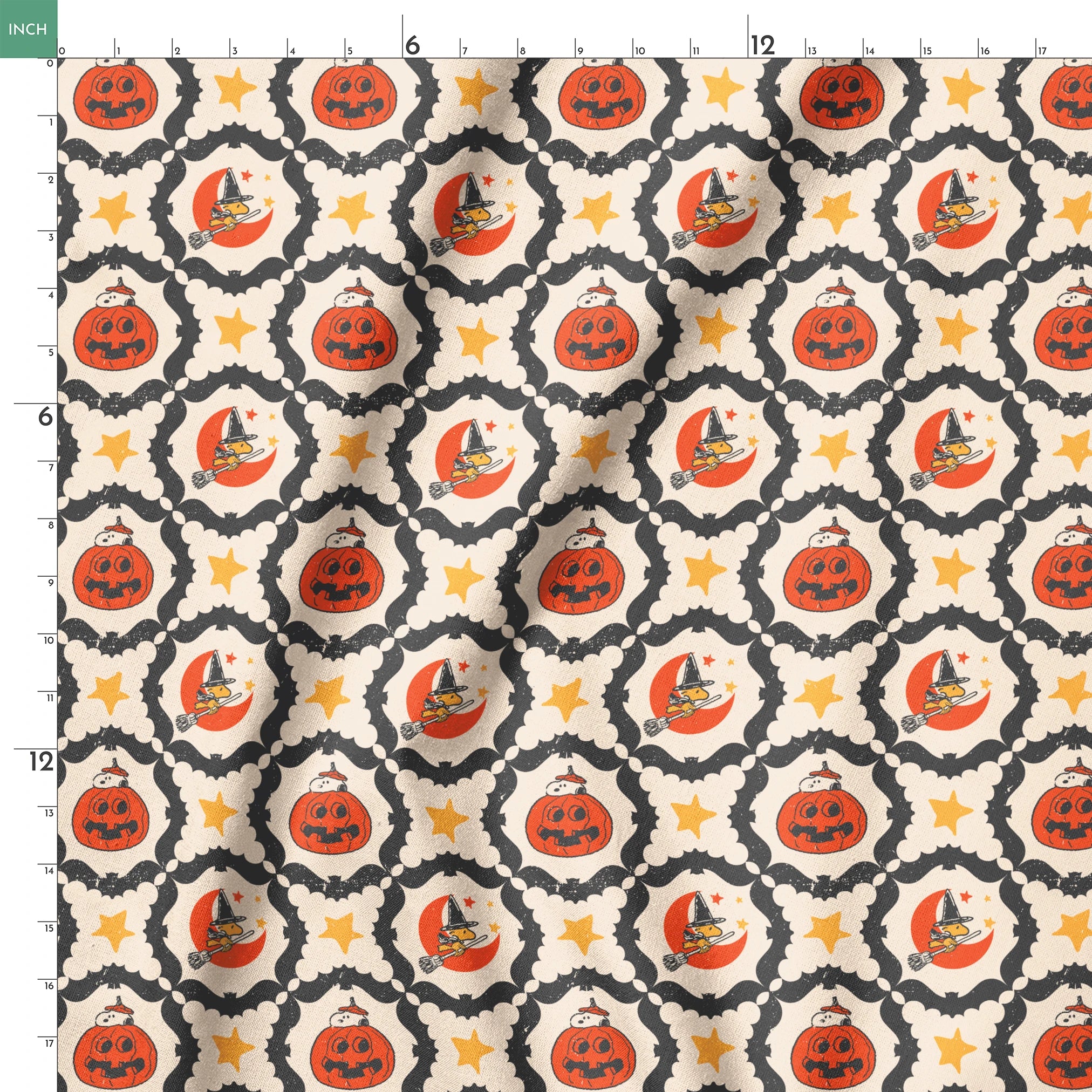Peanuts Halloween pattern with orange jack-o'-lanterns, crescent moons with witch hats, yellow stars, and black bat borders on cream background springs ruler 18x18
