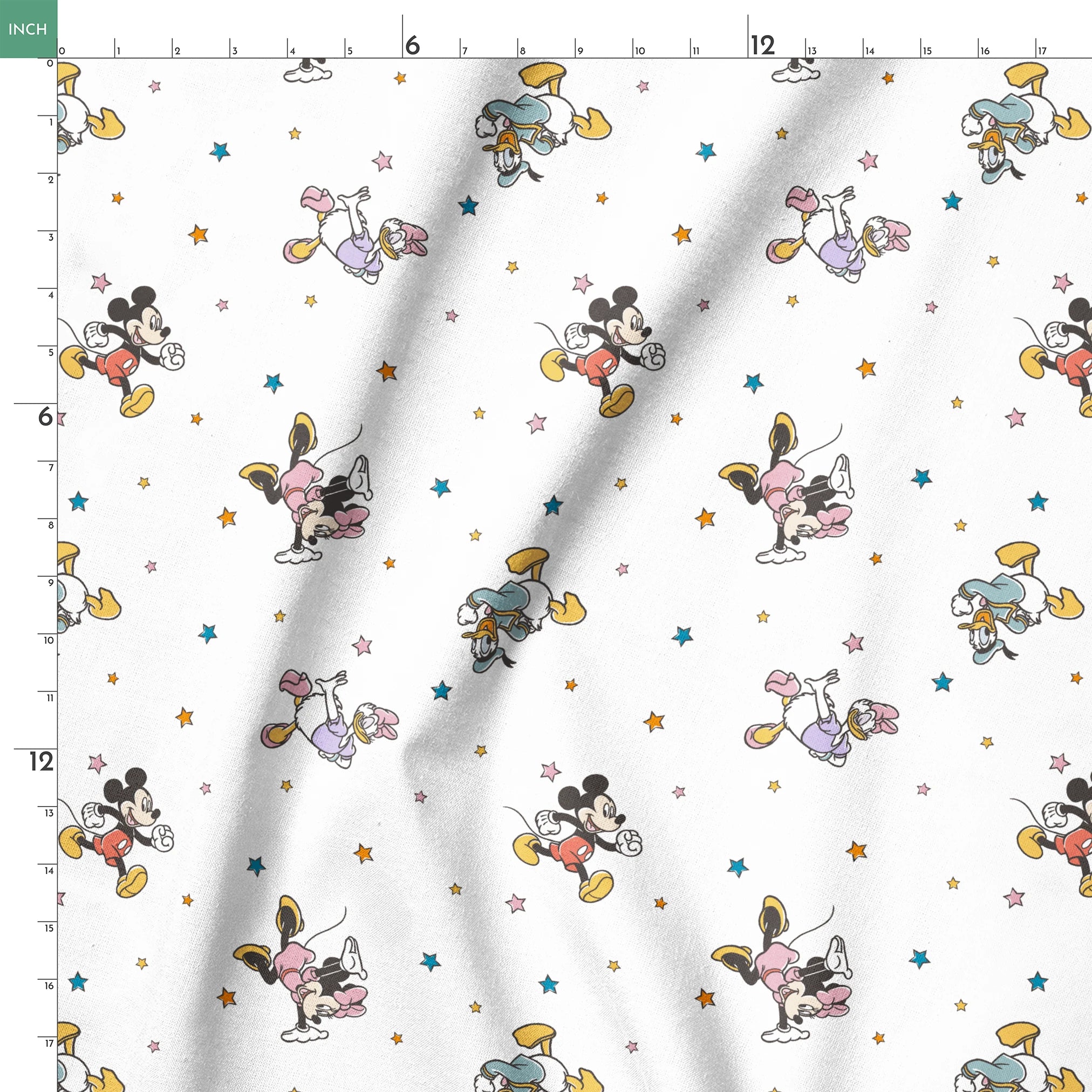 Disney characters pattern with Mickey Mouse and unicorns on white background with colorful stars springs ruler 18x18