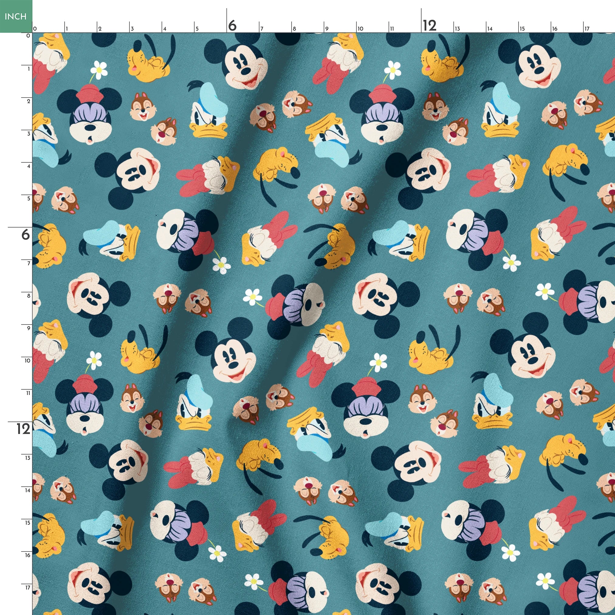 Disney cartoon characters pattern with Mickey Mouse, Donald Duck, and Pluto on teal background with small flowers springs ruler 18x18