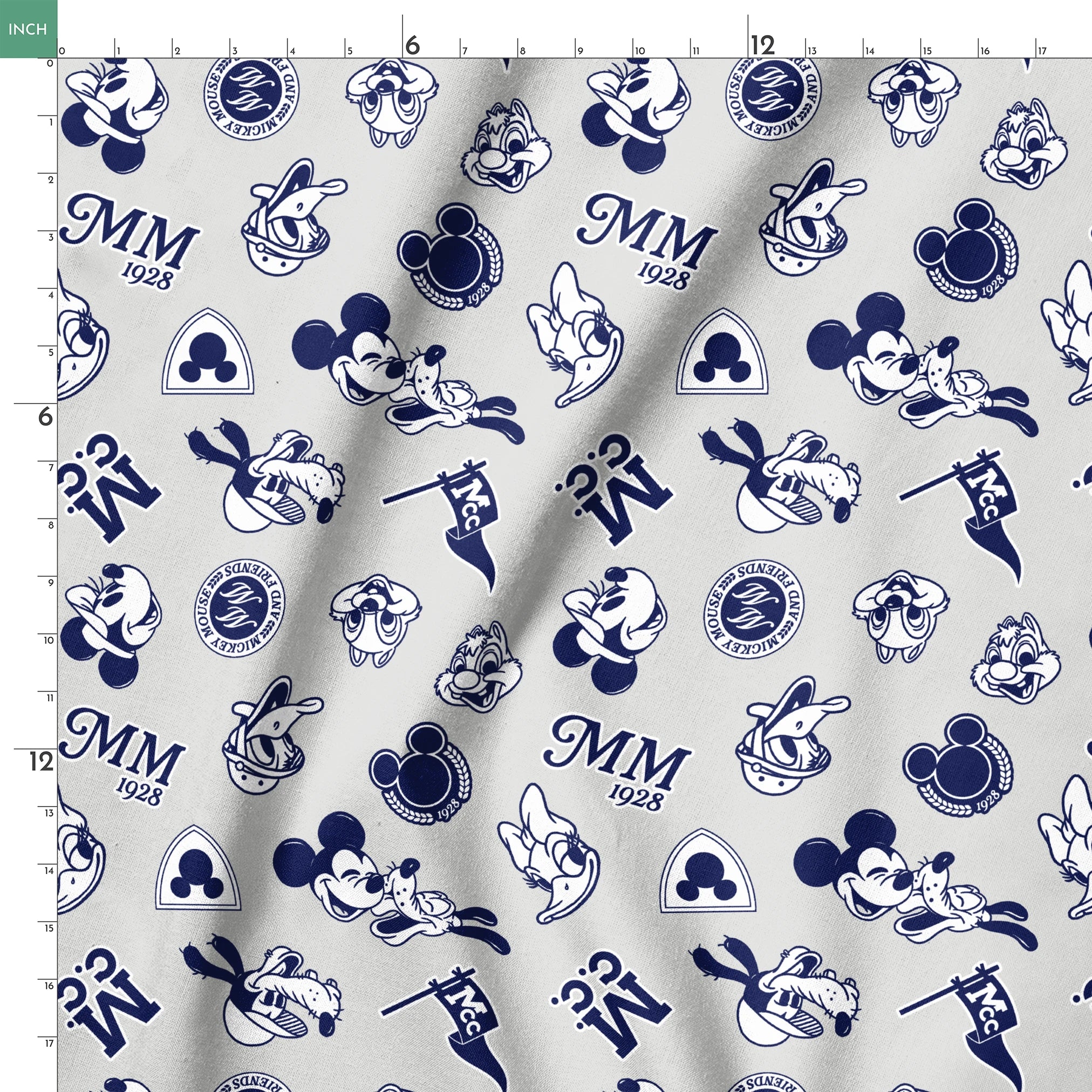 Disney character pattern with Mickey Mouse, Donald Duck and other classic cartoon figures in navy blue on light background. springs ruler 18x18