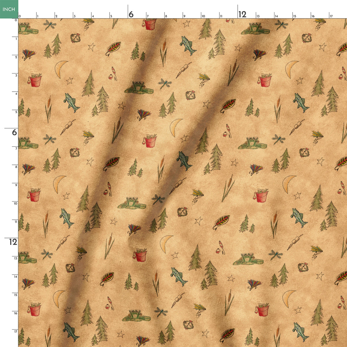 Outdoor camping pattern with tents, trees, lanterns, and nature elements on beige background springs ruler 18x18