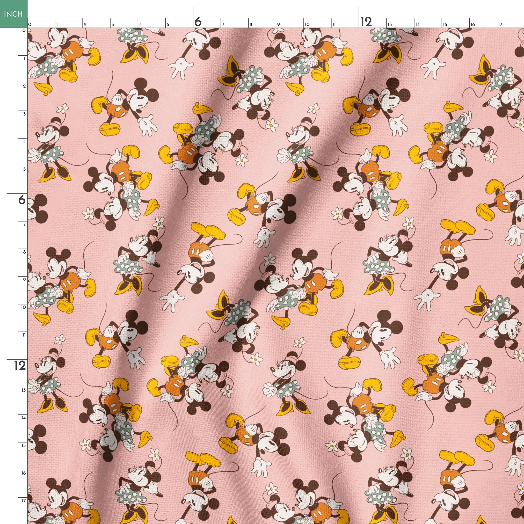Mickey and Minnie Mouse characters in vintage style on pink background with repeated pattern springs ruler 18x18
