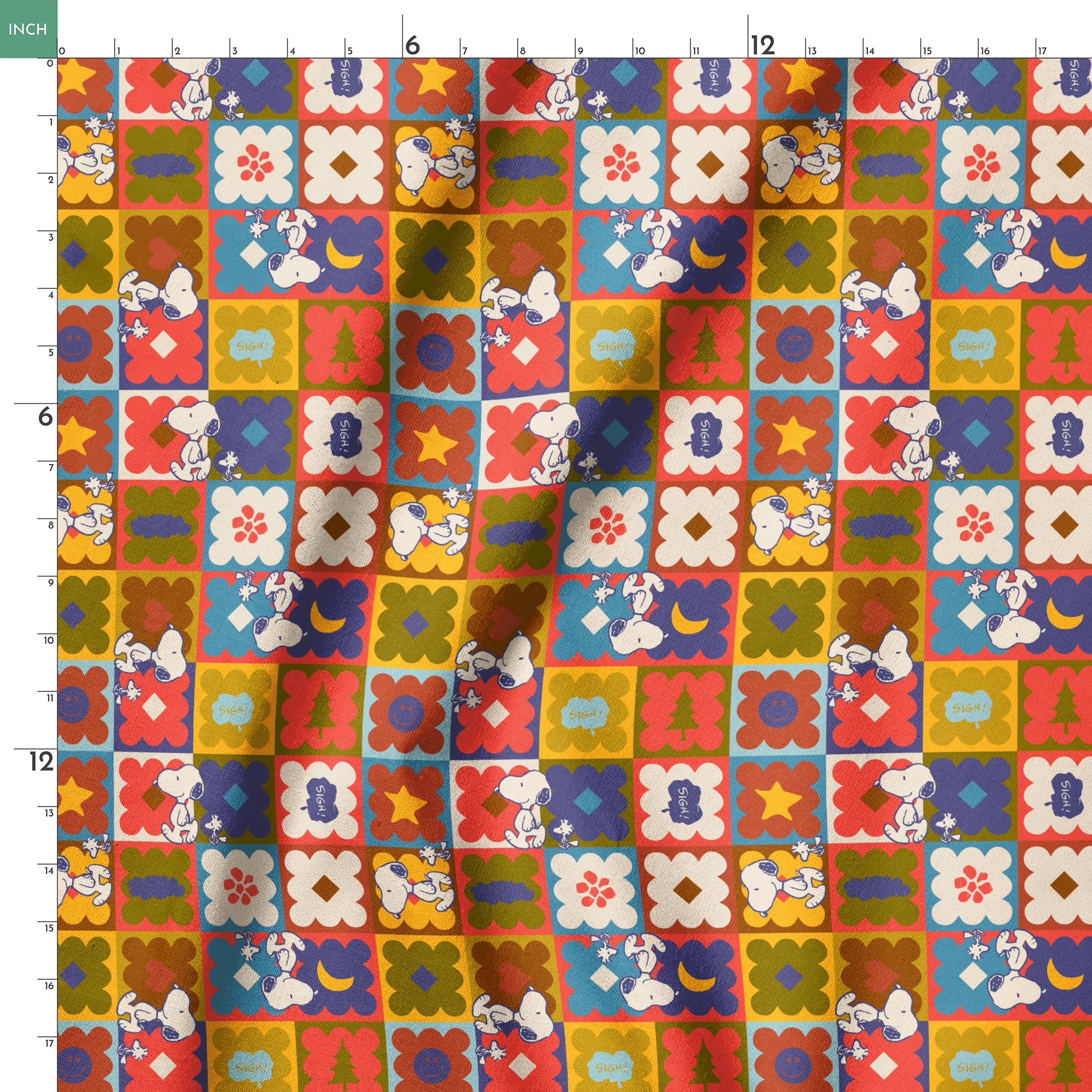 Colorful patchwork pattern featuring Snoopy characters in various squares with flowers, geometric shapes, and decorative elements springs ruler 18x18