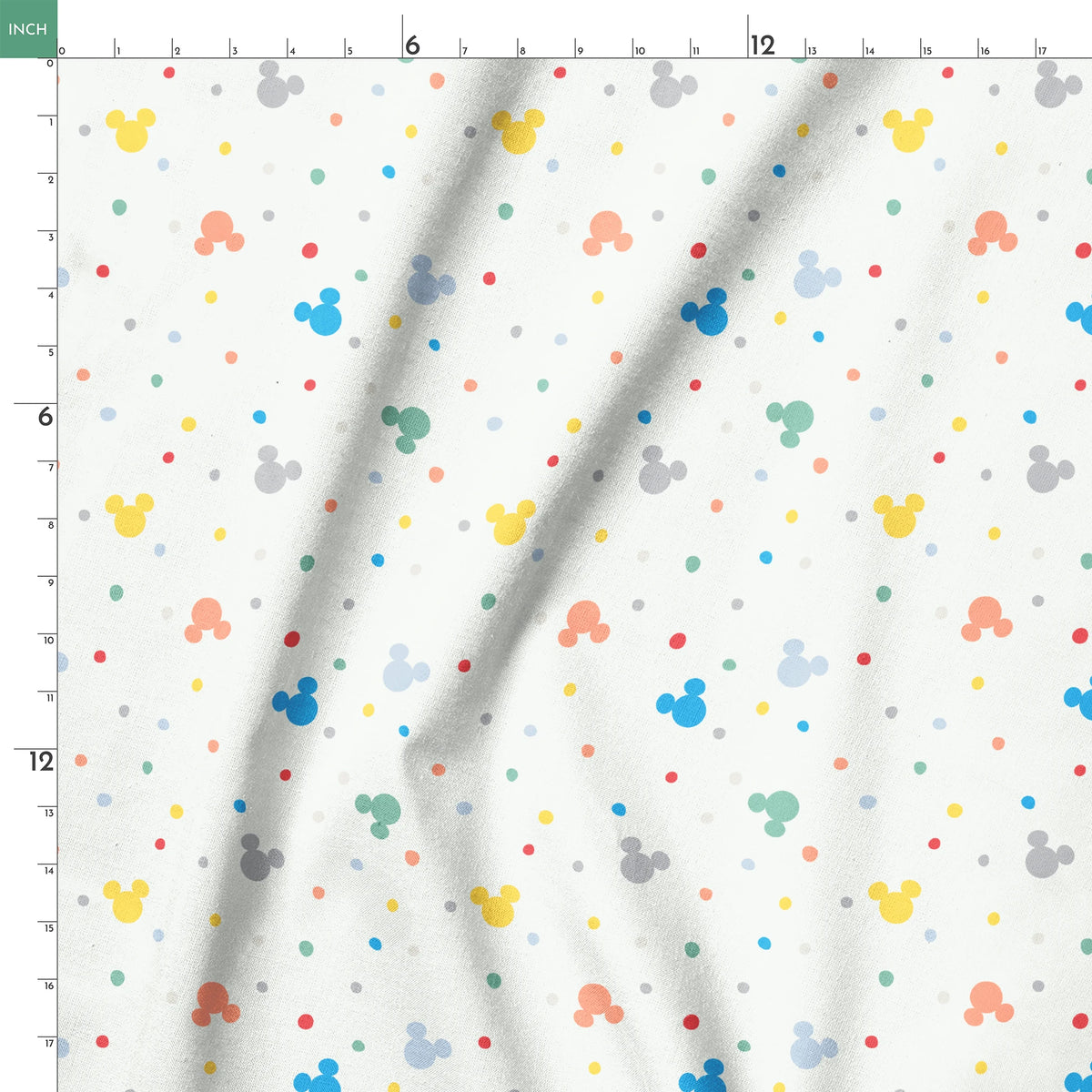 Colorful Disney Mickey Mouse silhouette pattern with pastel dots on white background springs ruler 18x18