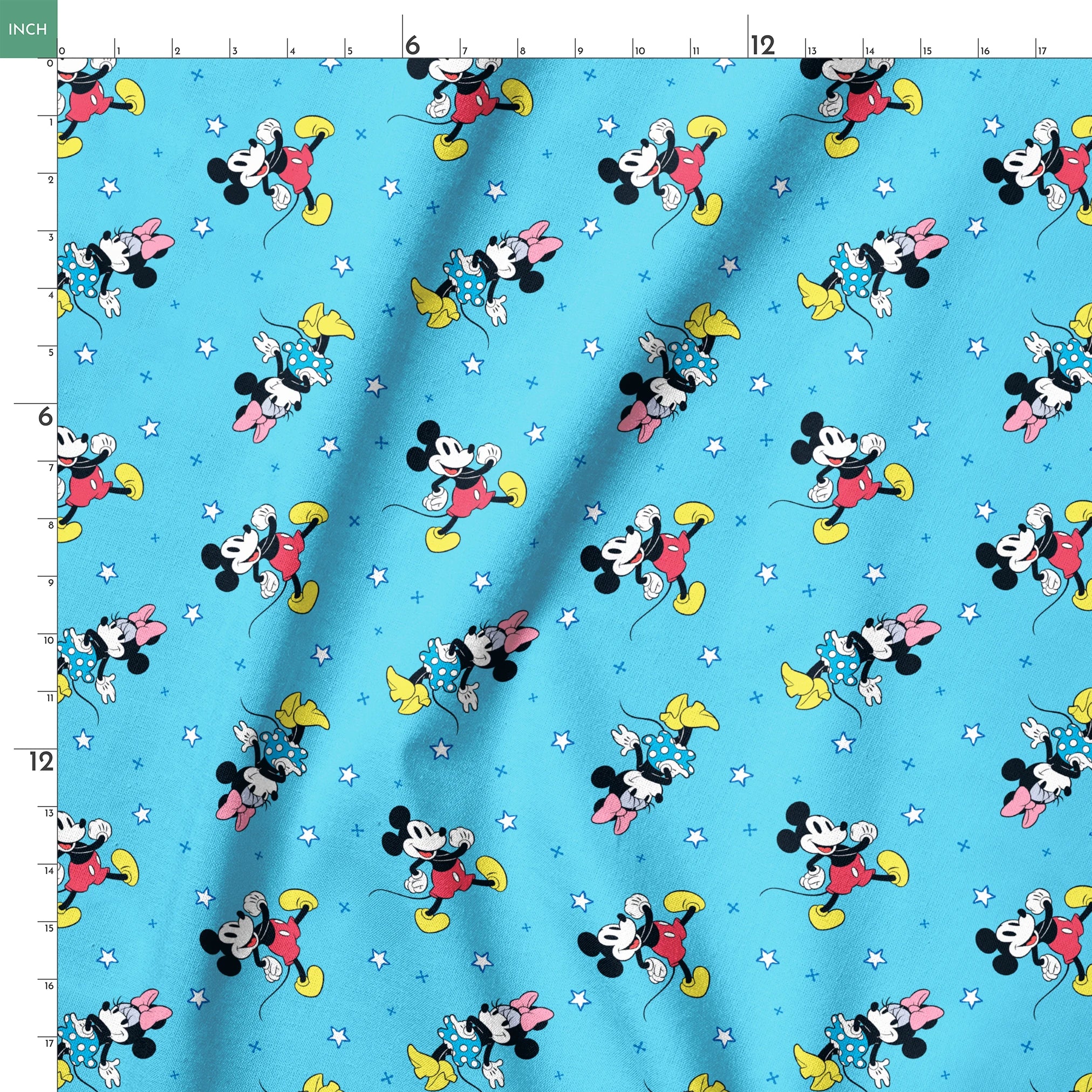 Disney Mickey Mouse and Minnie Mouse characters on light blue background with white stars, pattern design springs ruler 18x18