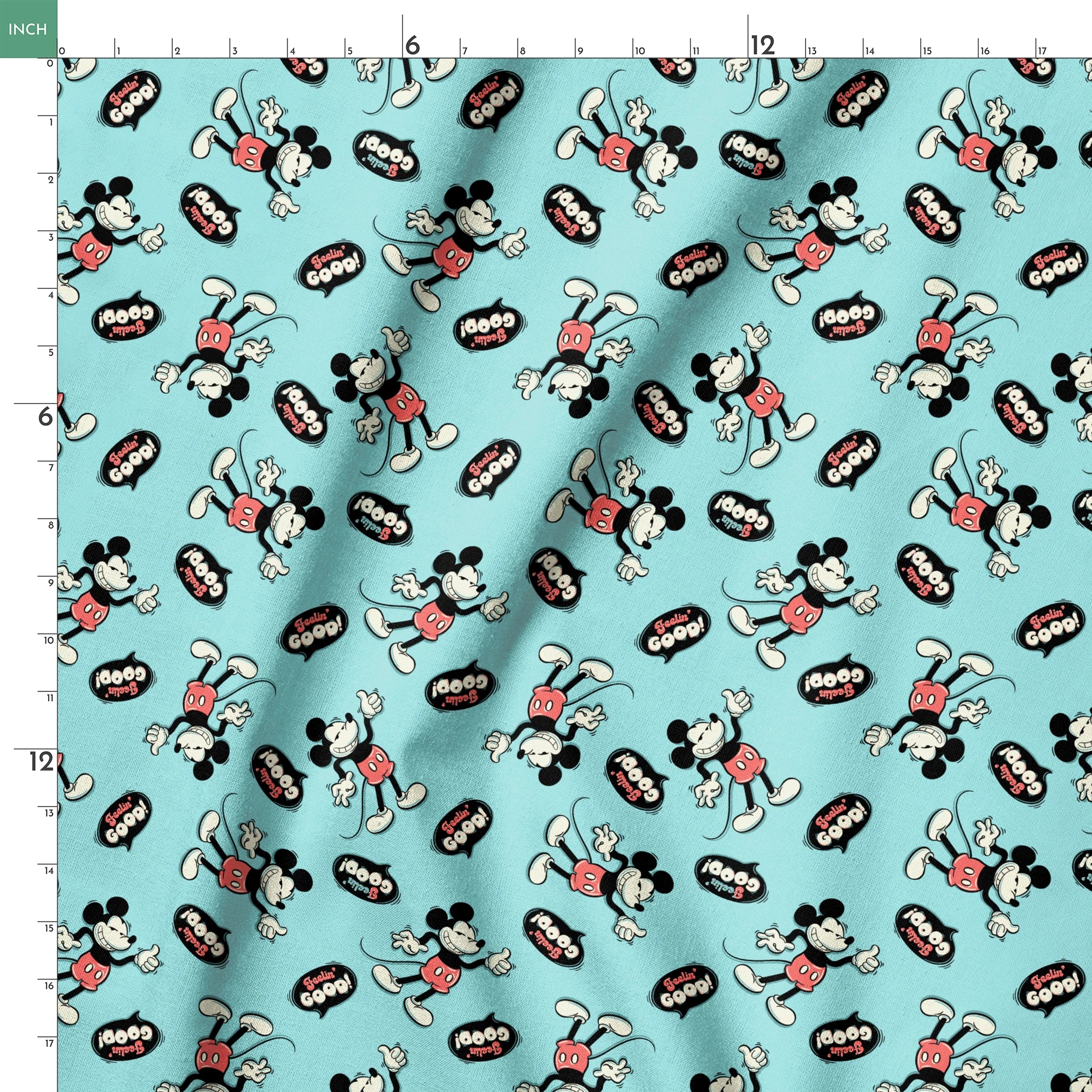 Mickey Mouse pattern on teal background with cartoon characters and "Gosh!" speech bubbles springs ruler 18x18