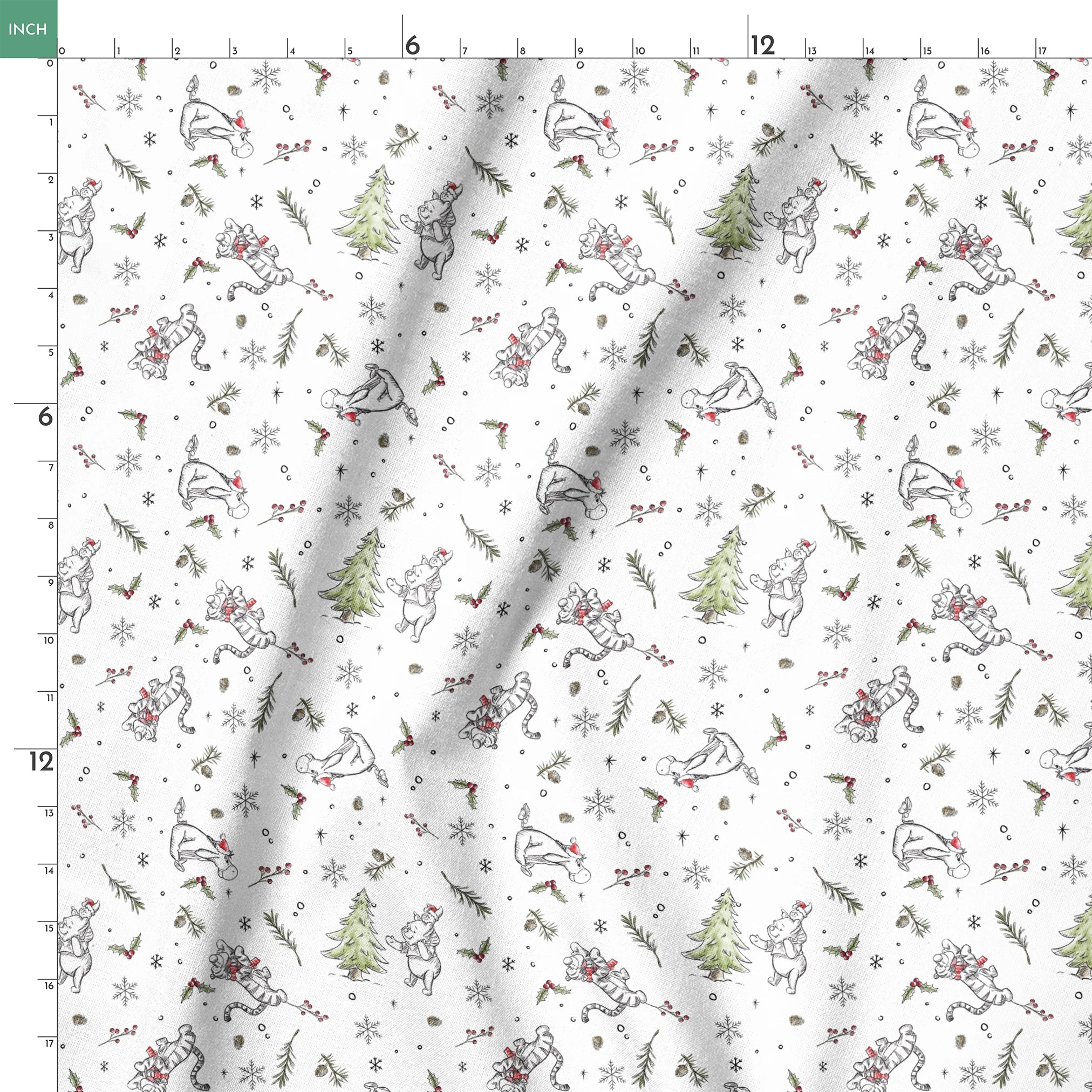 Delicate white winter pattern with cartoon mice, pine trees, holly berries, and snowflakes springs ruler 18x18