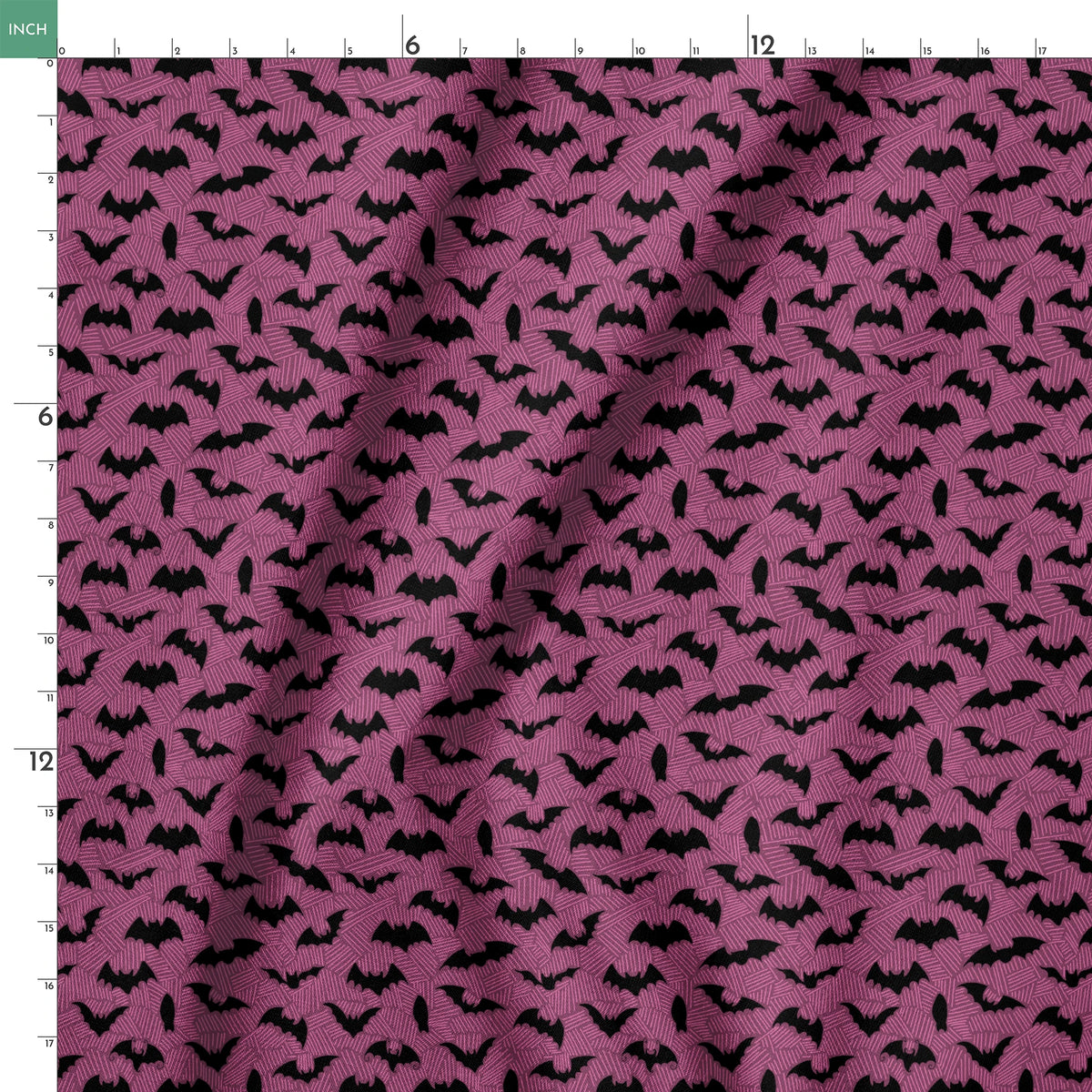Black bat silhouettes scattered across a purple background with swirling line pattern springs ruler 18x18