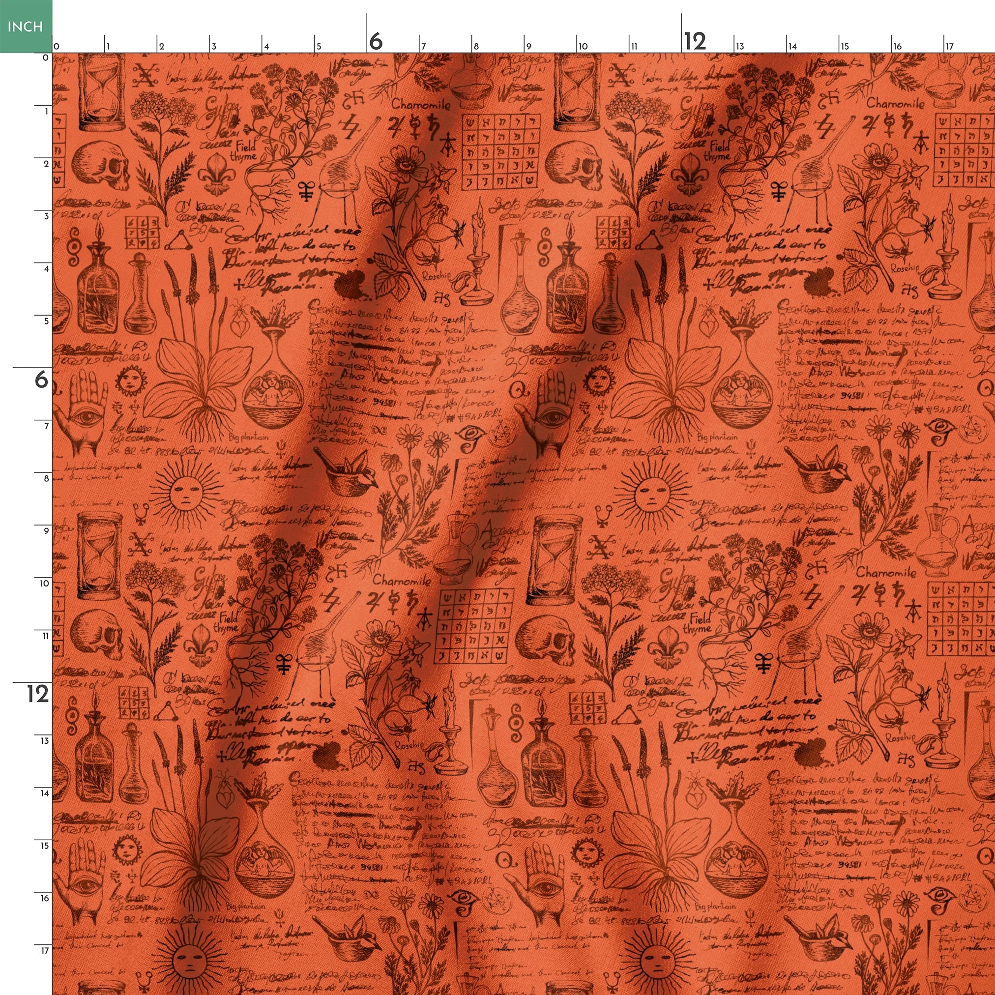Red-orange Halloween background with vintage alchemical drawings, botanical sketches, symbols, handwritten notes, and mystical elements arranged like an ancient manuscript page. springs ruler 18x18