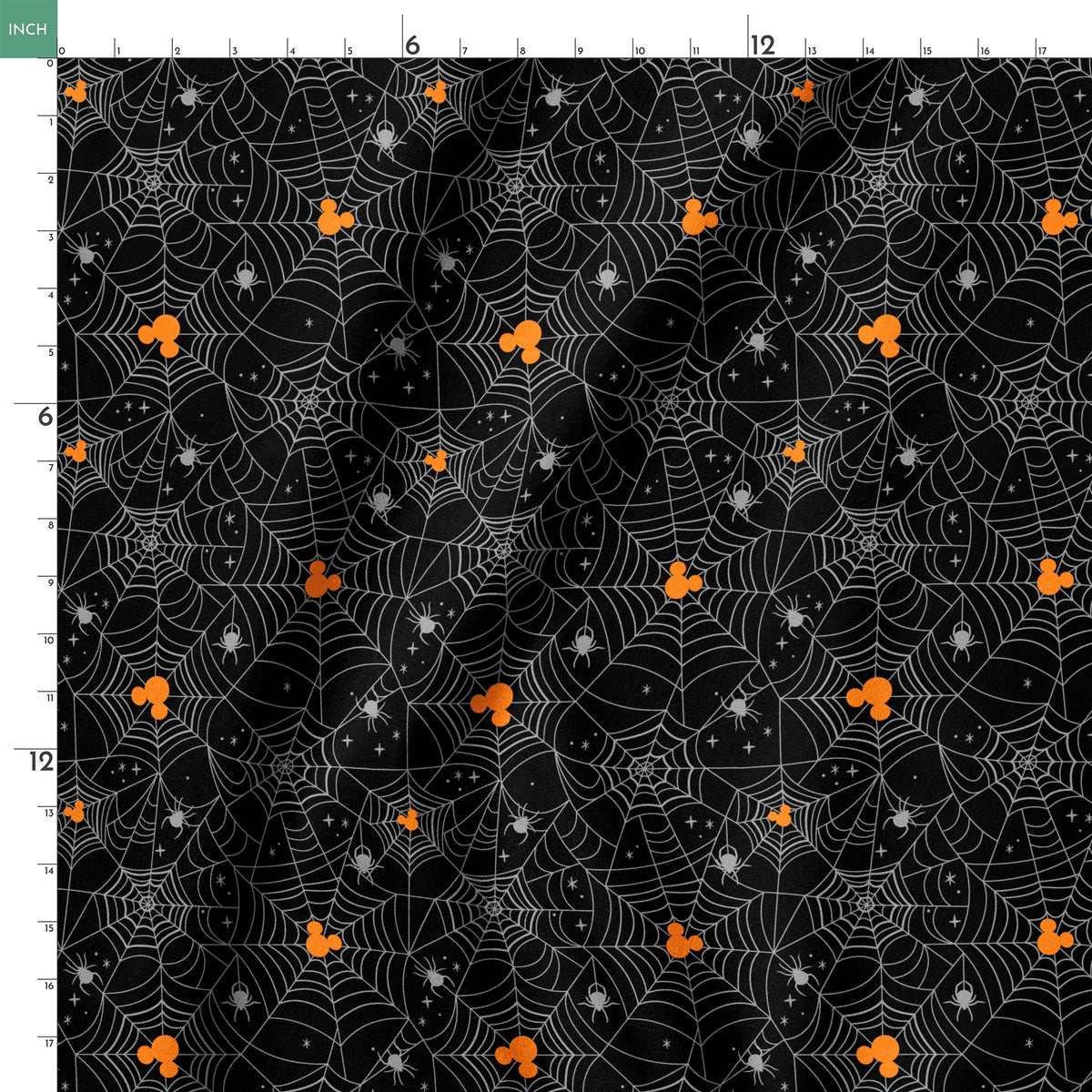 Spooky Halloween pattern with white spiderwebs, orange Mickey Mouse heads, and gray spiders on black background springs ruler 18x18